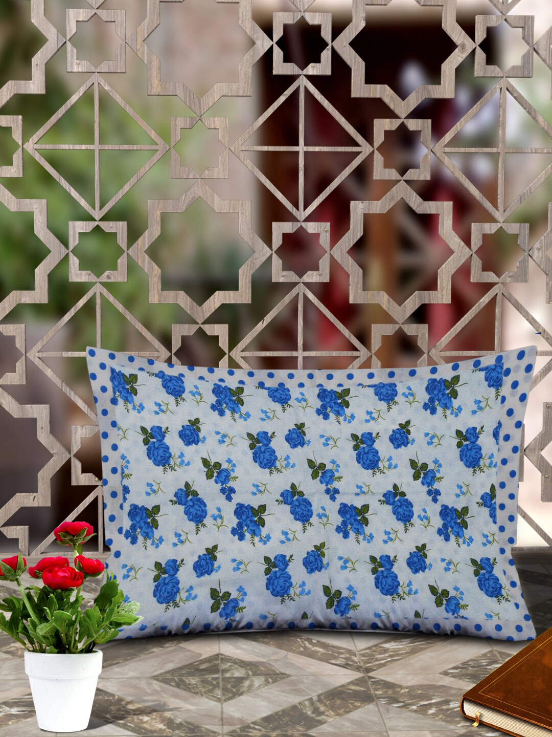 Kuber Industries Set Of 6 White & Blue Flower Design Soft & Smooth Cotton Pillow Cover