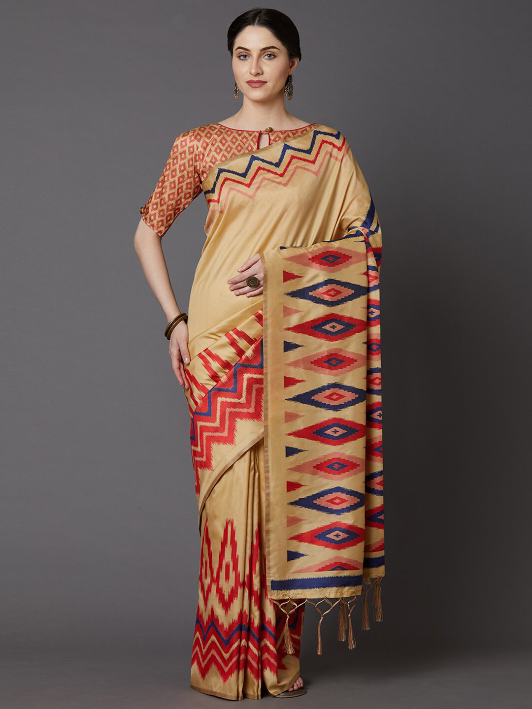 Mitera Beige & Orange Silk Cotton Saree