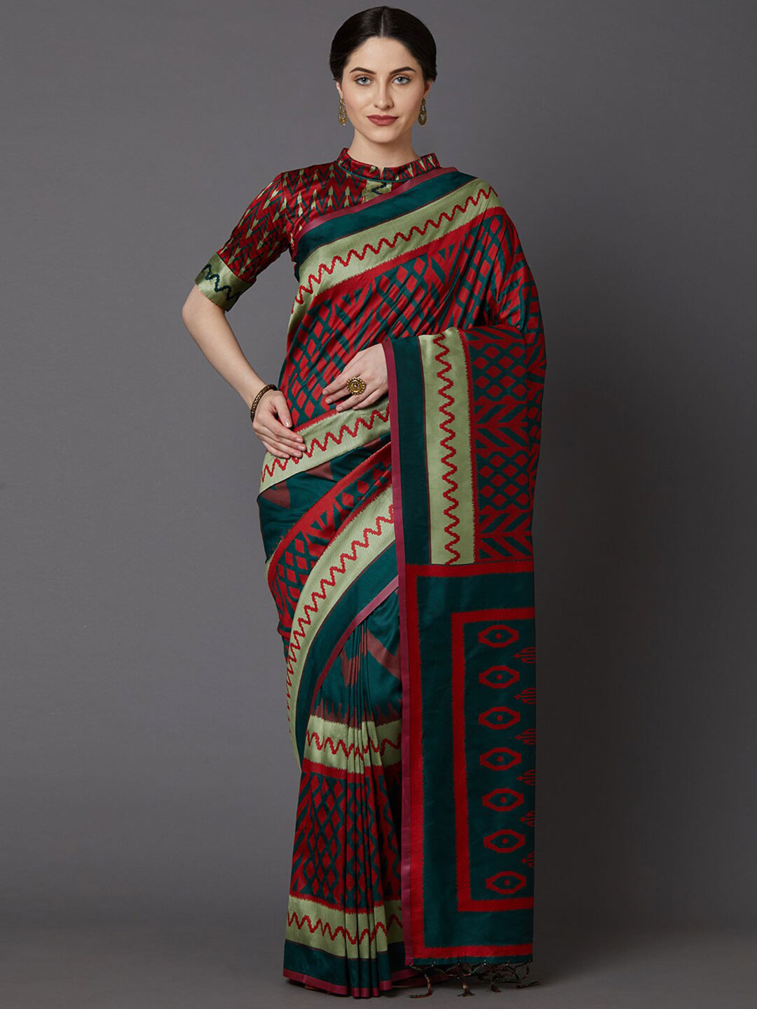 Mitera Green & Red Zig-Zag Printed Silk Cotton Saree