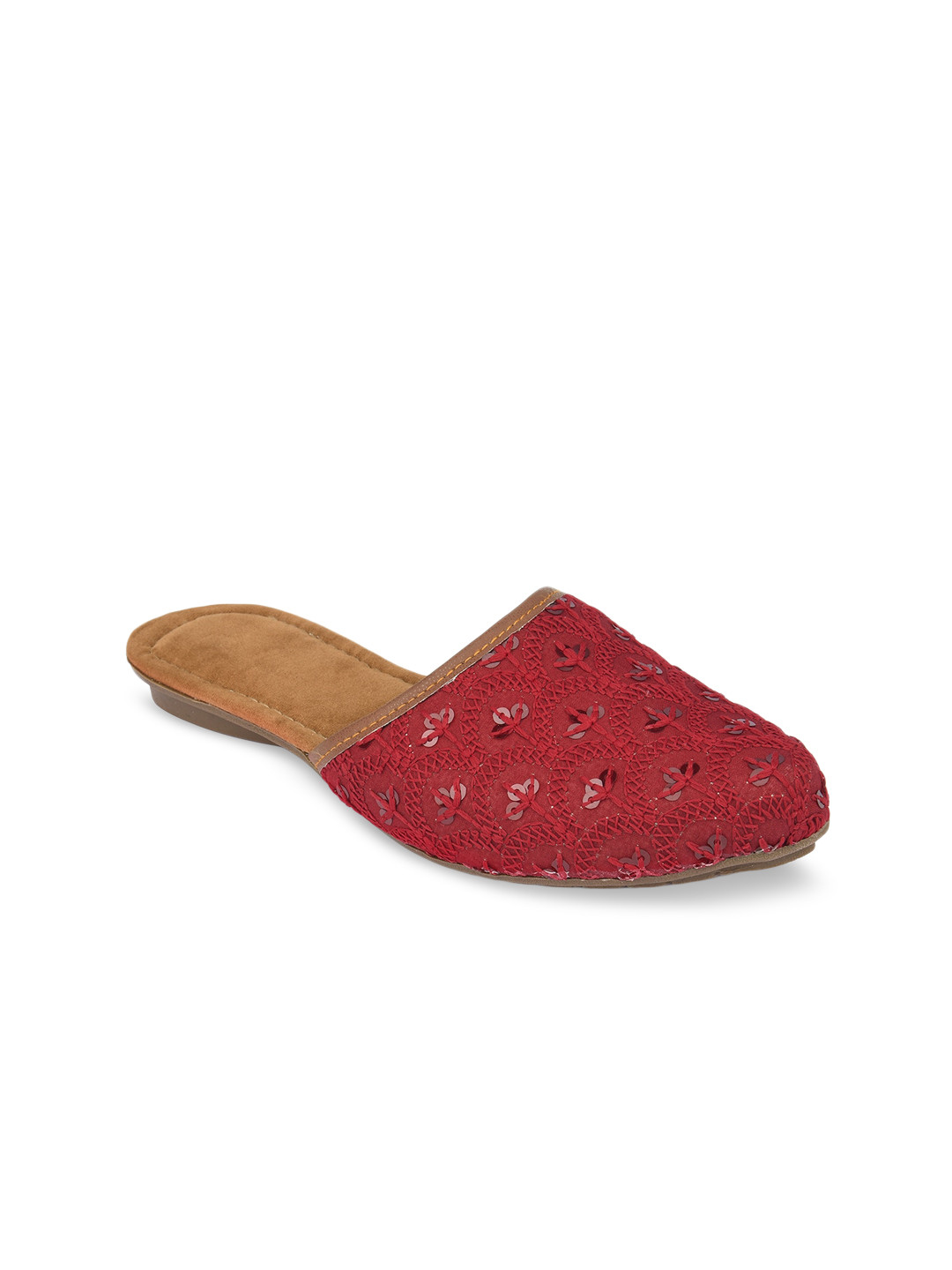 DESI COLOUR Women Maroon Embellished Mules with Laser Cuts Flats