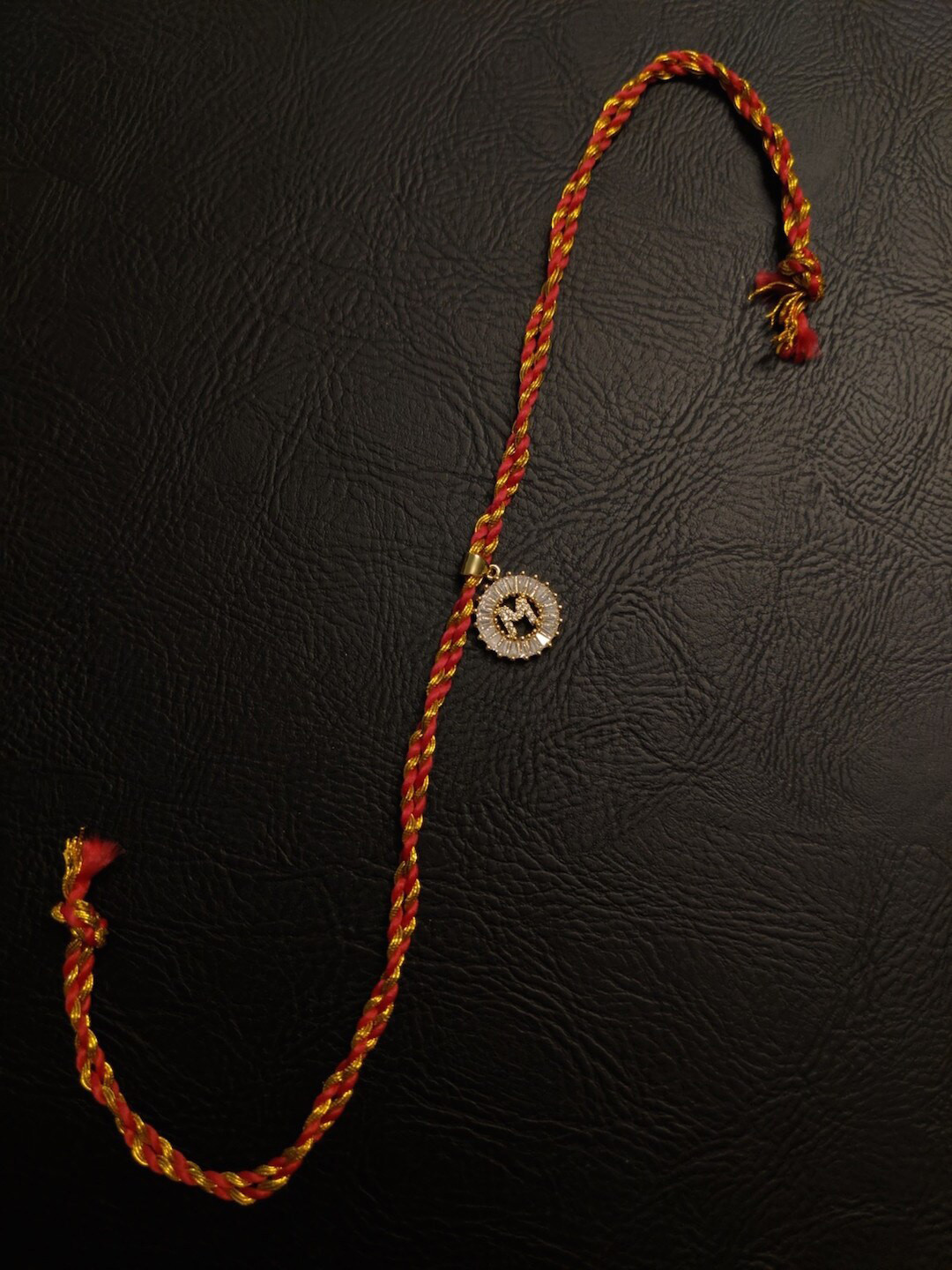 Digital Dress Room Letter M Gold-Plated Customised AD Pendant Mauli Rakhi