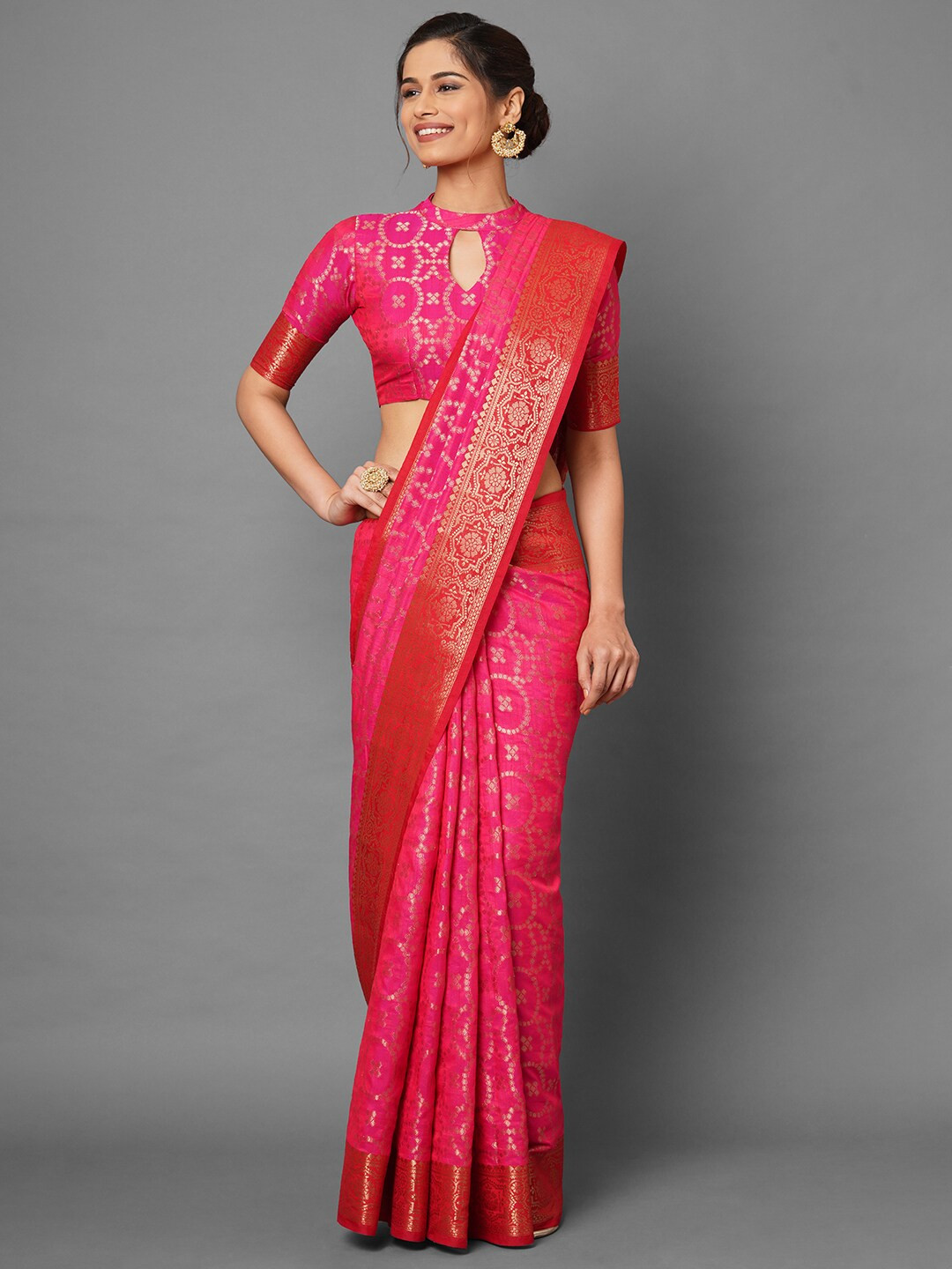Mitera Pink & Gold-Toned Silk Blend Banarasi Saree