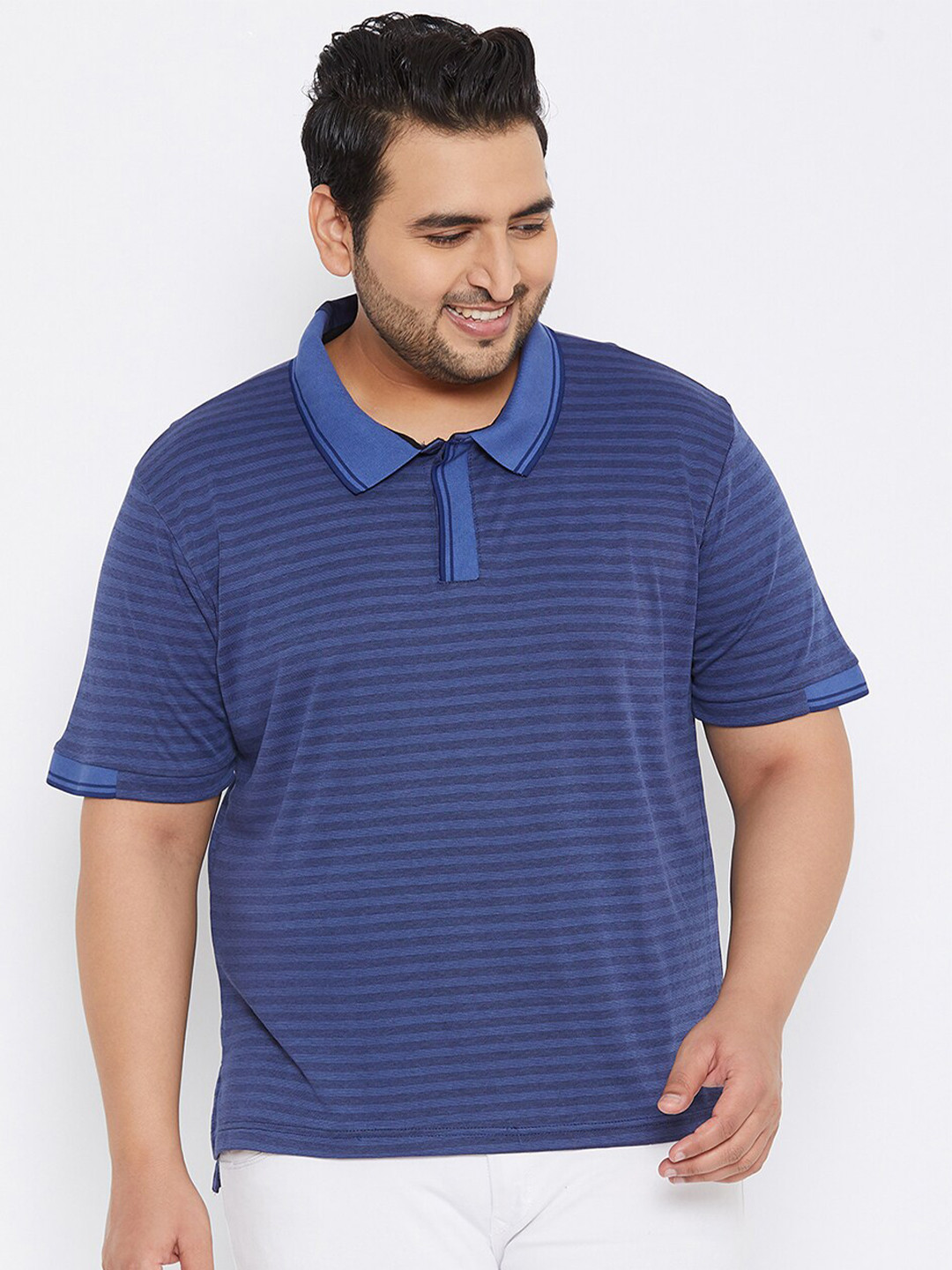 Instafab Plus Men Navy Blue Striped Polo Collar Plus Size T-shirt