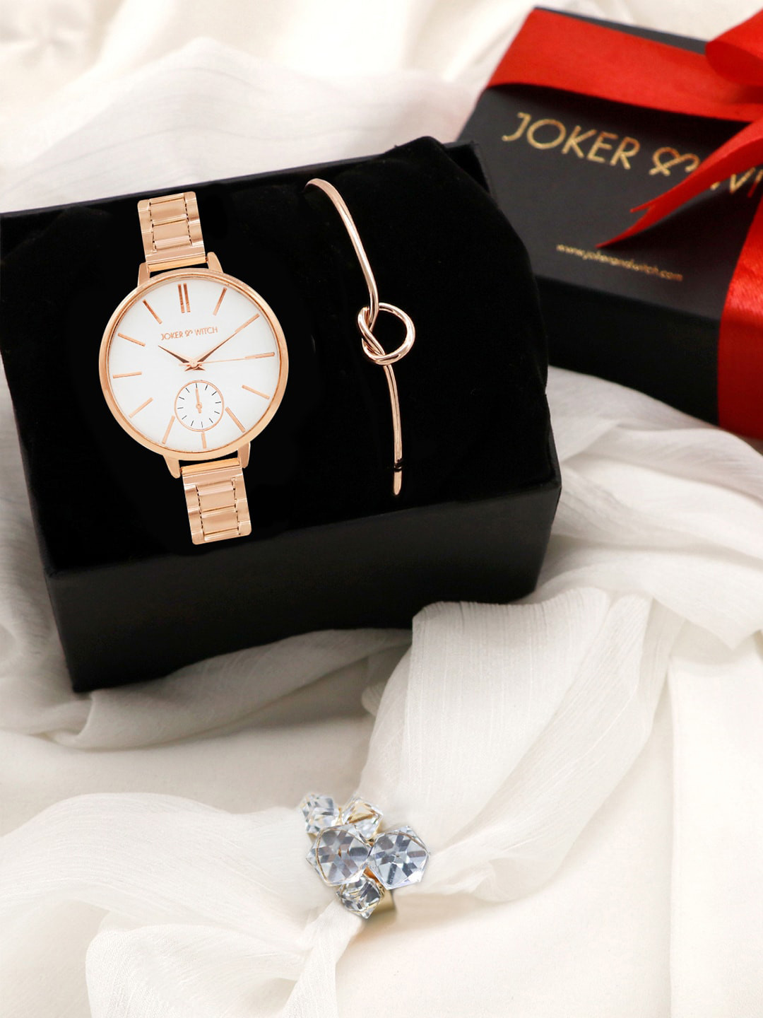 JOKER & WITCH Women Rose-Gold Toned & White Wedding Vows Love Triangle Watch Gift Set JWLT54