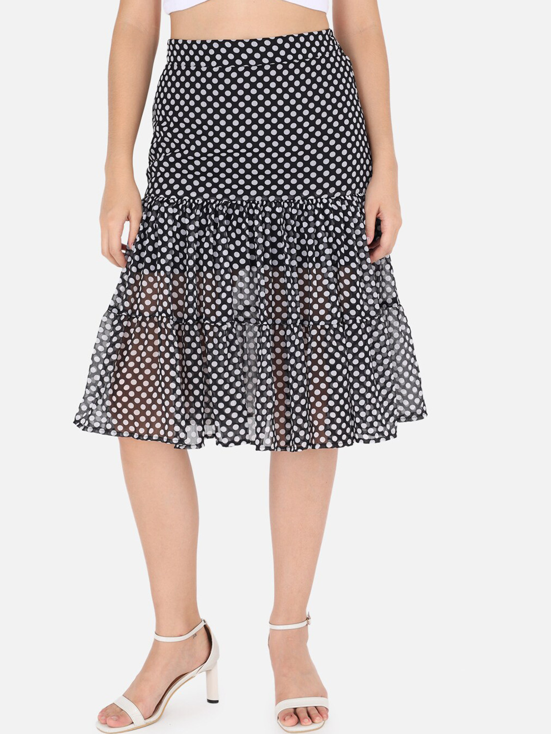 Trend Arrest Women Black & White Polka Dot Printed Tiered Skirt