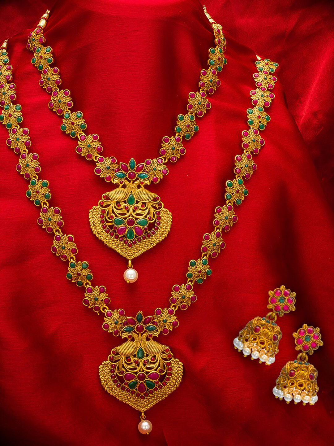 aadita Gold-Plated Stone-Studded Pearl Beaded Choker & Matinee Temple Jewellery Set