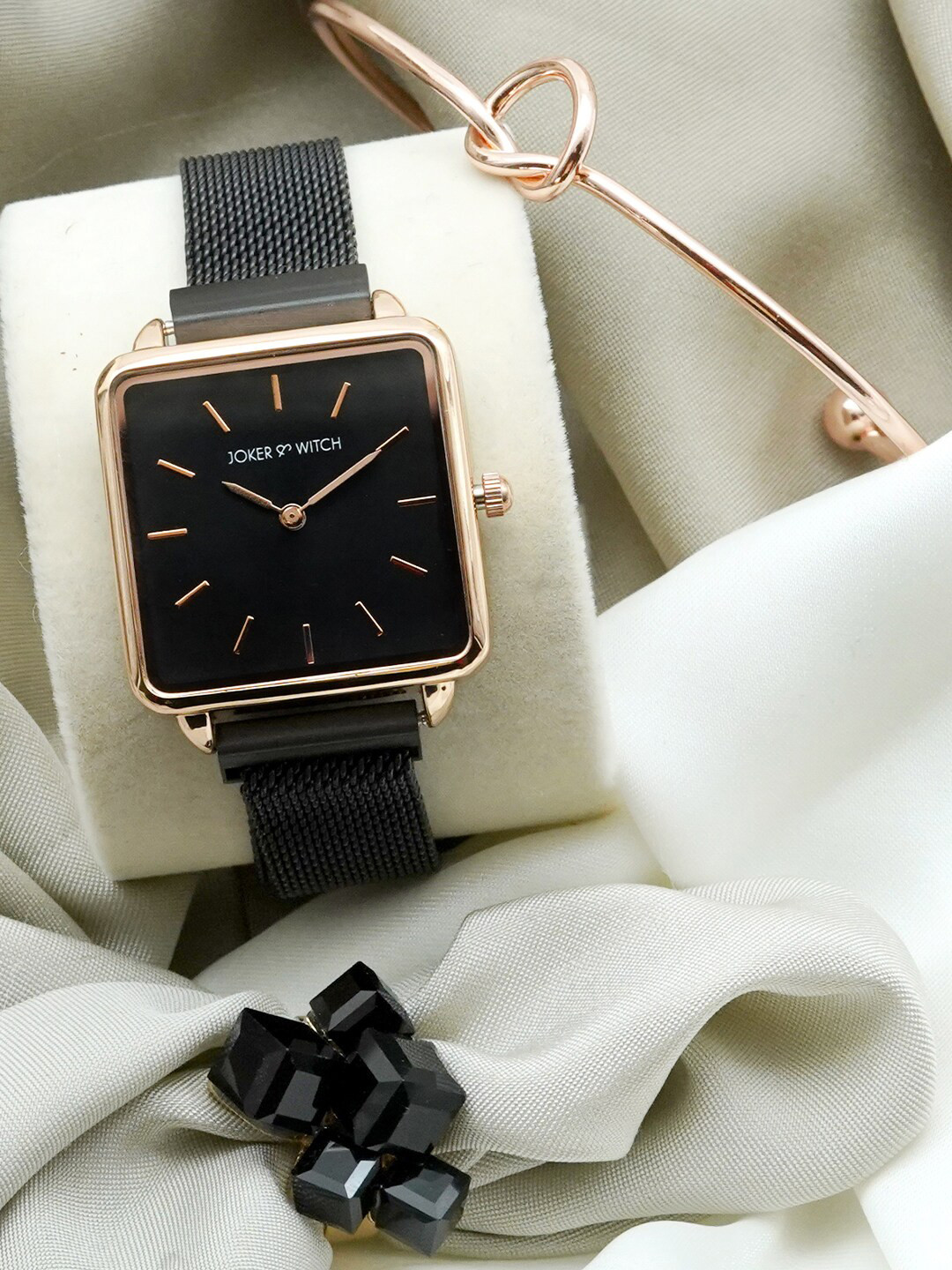 JOKER & WITCH Women Black & Rose Gold-Toned Magnetite Love Triangle Watch Gift Set-JWLT218