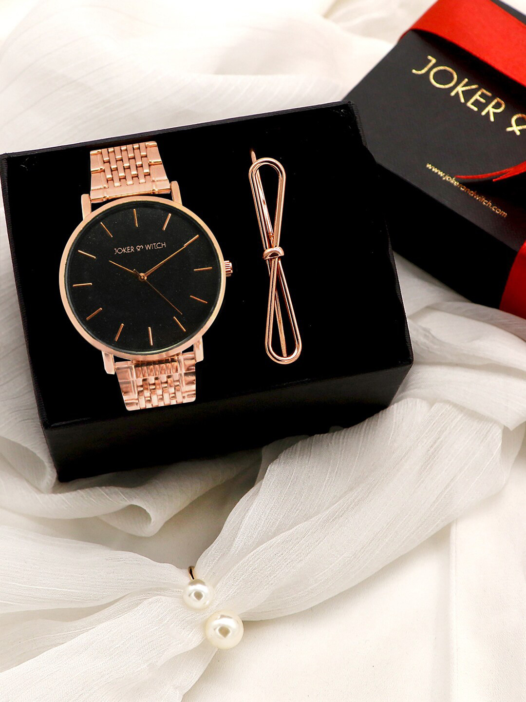 JOKER & WITCH Women Black & Rose Gold -Toned Love Triangle Watch Gift Set JWLT32