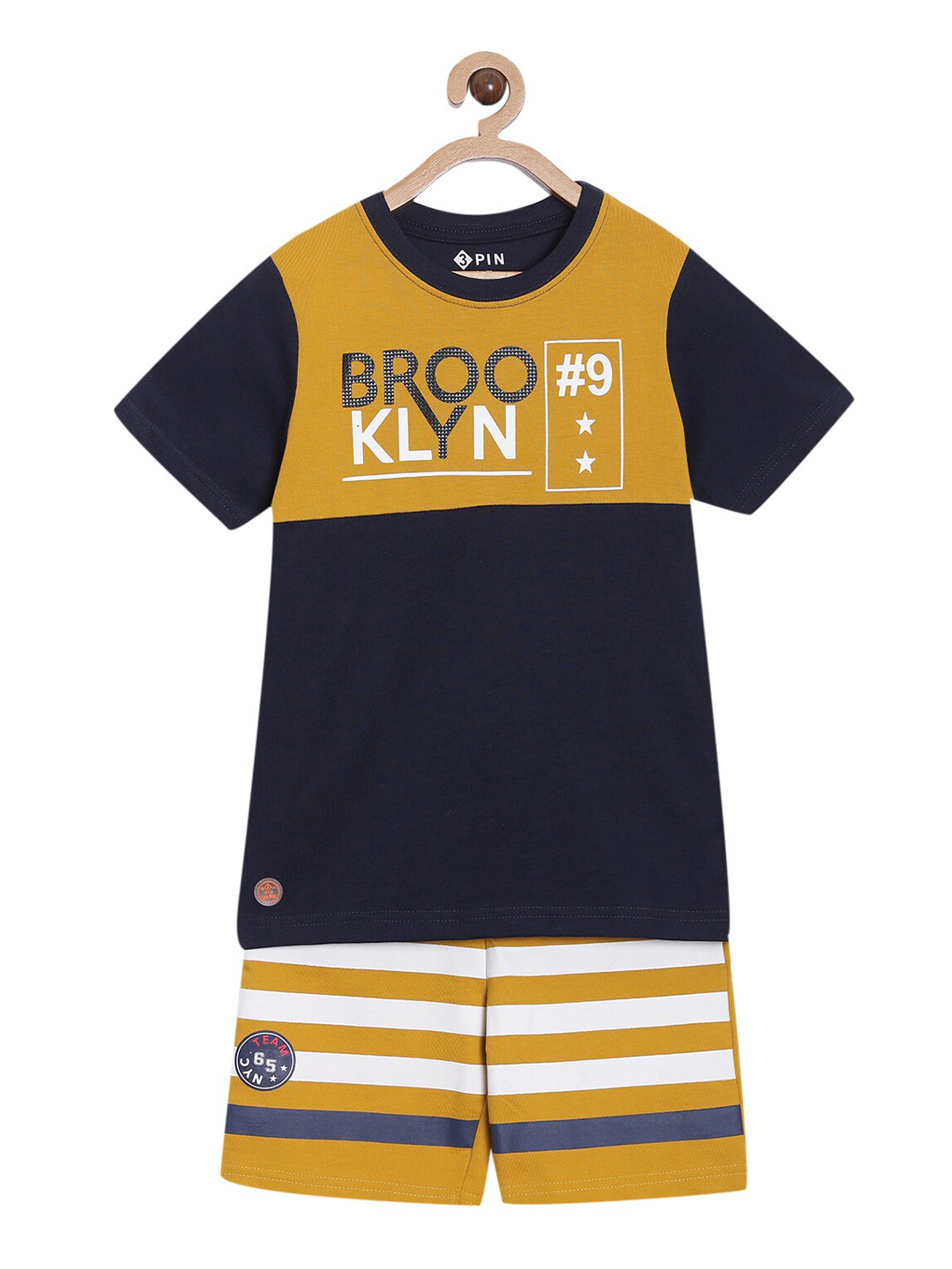 3PIN Boys Mustard & Navy Blue Printed T-shirt with Shorts