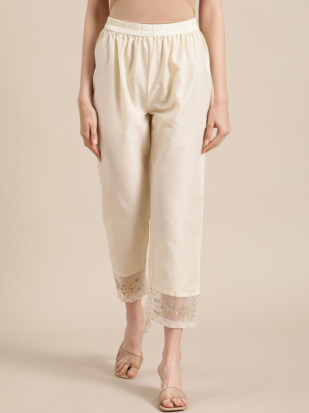 Varanga Women Varanga Off White Silk & Organza Zari Embellished Trousers