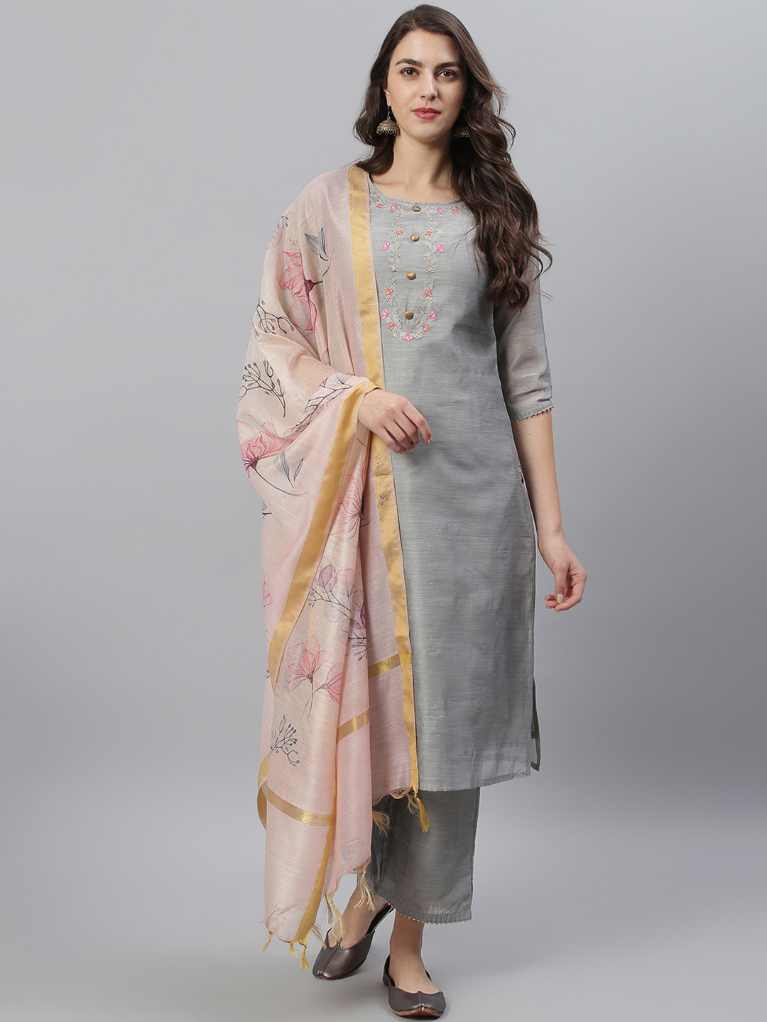 Azira Women Grey Ethnic Motifs Embroidered Regular Thread Work Chanderi Silk Kurta with Trousers & With
