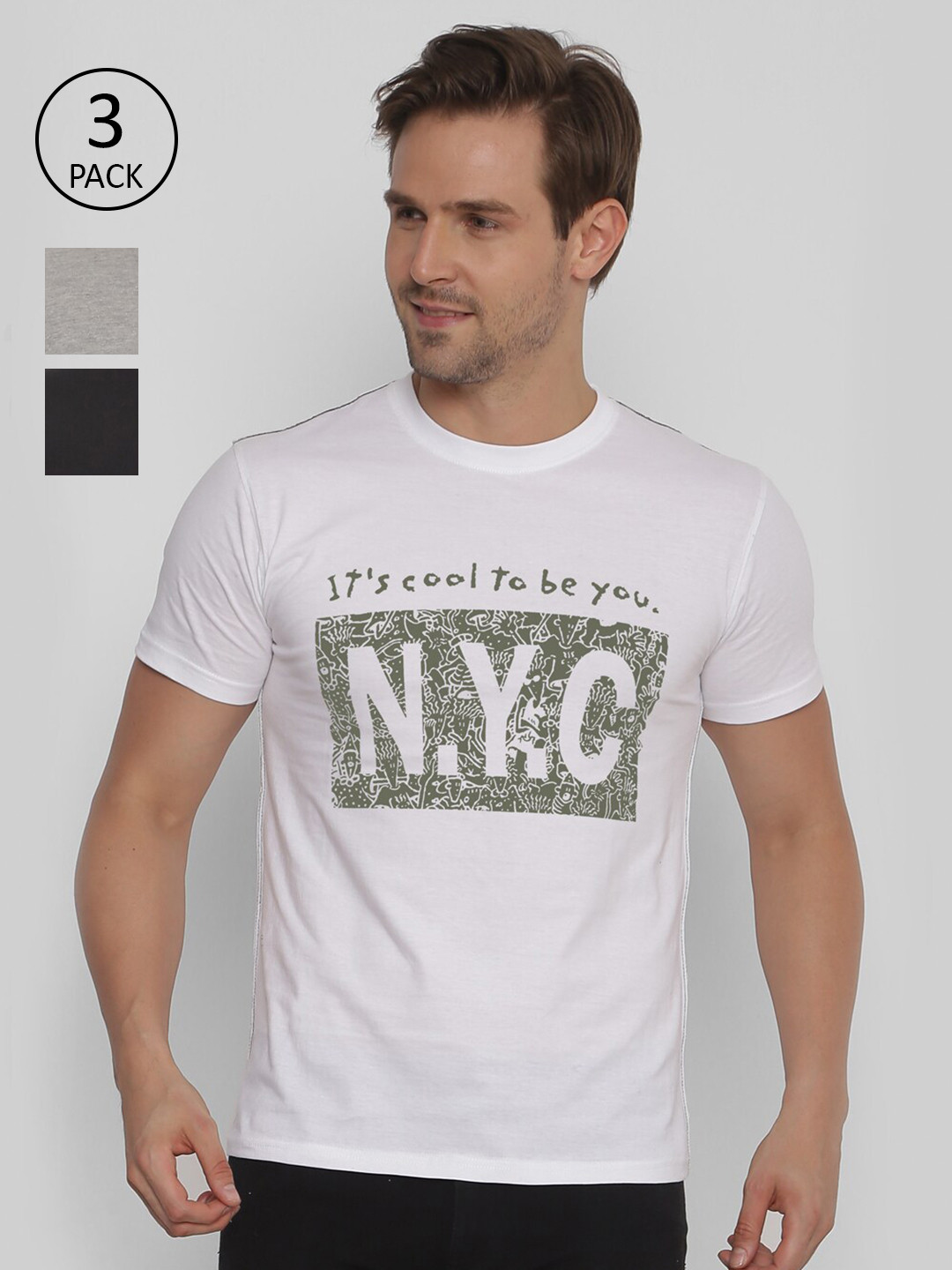 YAK YAK Men Pack Of 3 Typography Printed Slim Fit Pure Cotton T-shirt
