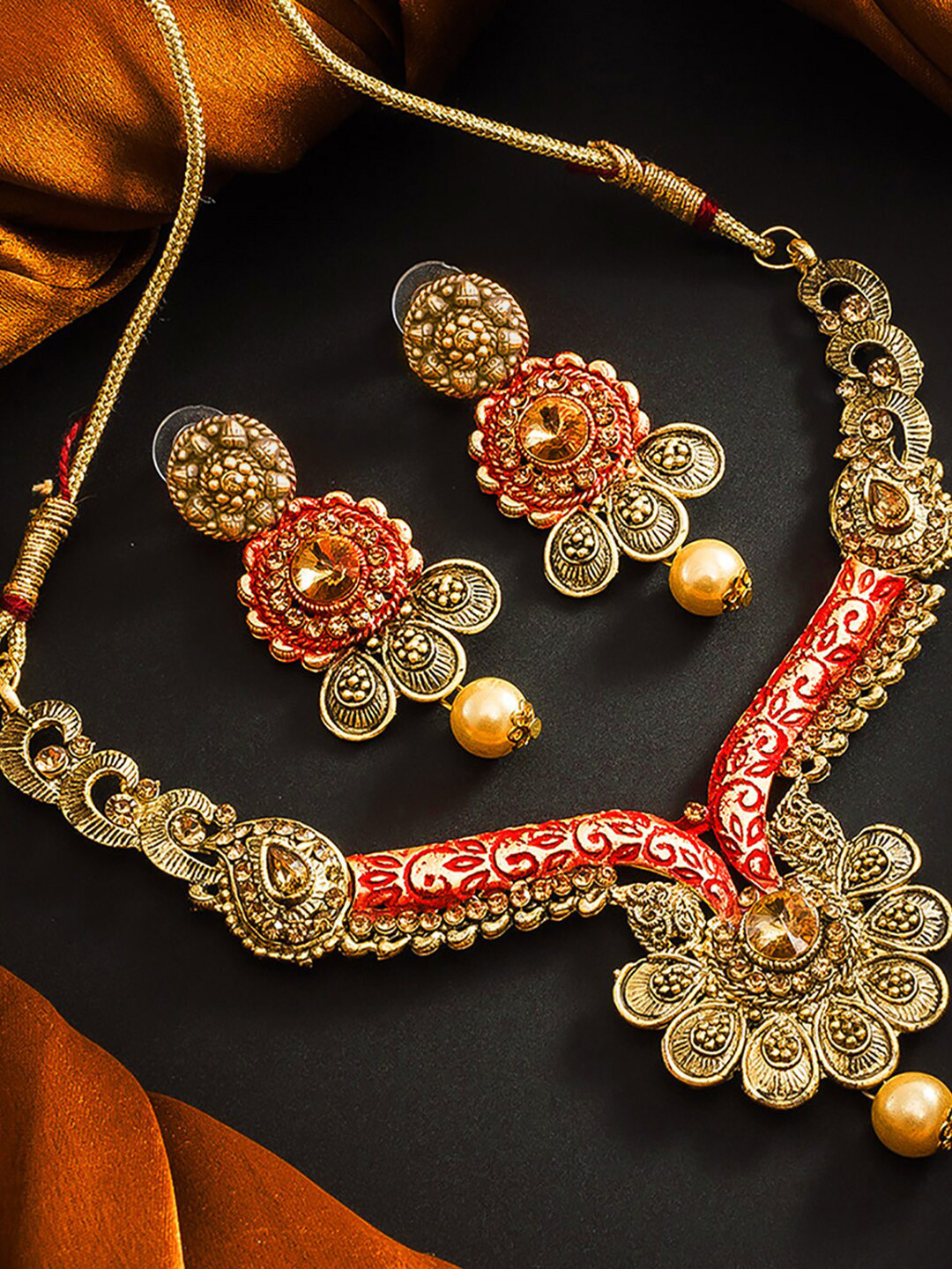 aadita Gold-Plated Red AD-Studded & Beaded Temple Jewellery Set