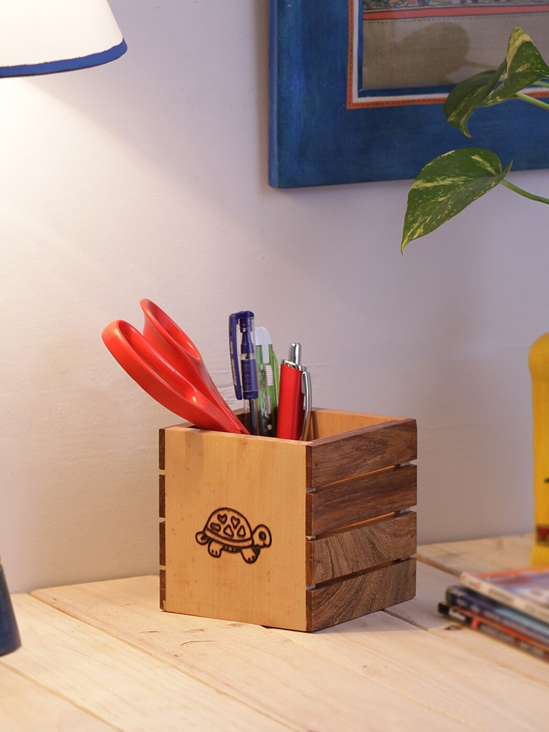 VarEesha Beige Turtle Wooden Desk Organizer Pen Holder