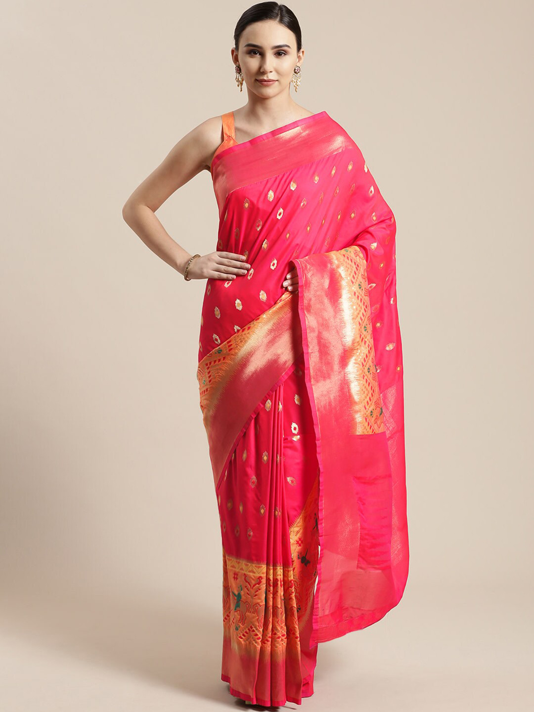 Saree mall Pink & Orange Floral Silk Blend Sarees