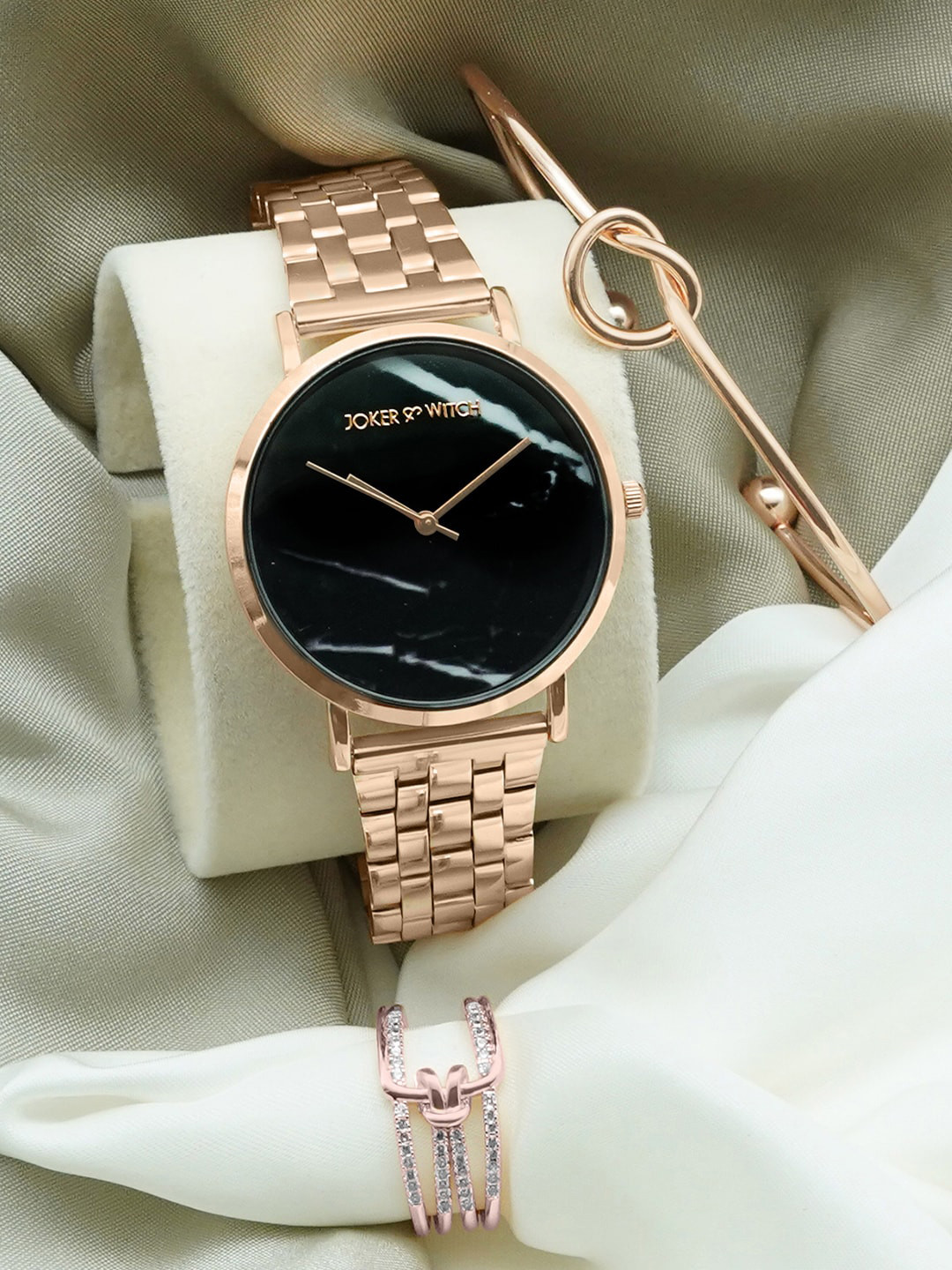 JOKER & WITCH Women Black & Rose Gold-Toned In the Spotlight Love Triangle Watch Gift Set JWLT193