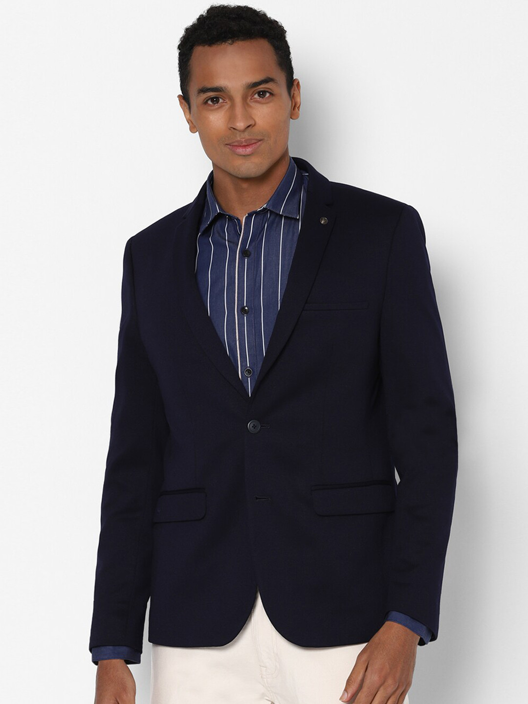 Allen Solly Men Navy Blue Solid Slim-Fit Single-Breasted Formal Blazer