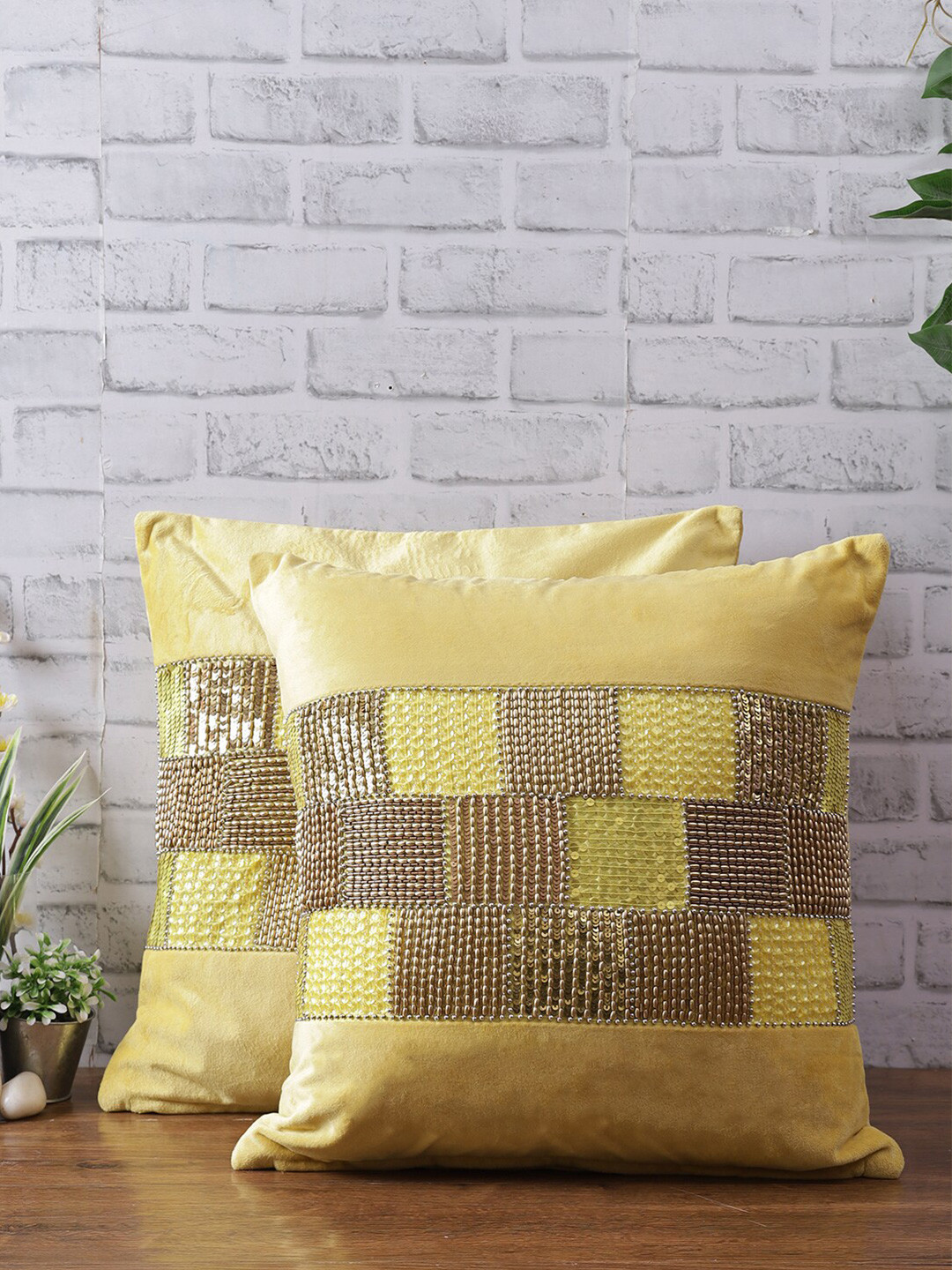eyda Beaded Yellow Embellished Velvet Durable 2 Pcs Square Cushion Covers - 17.7 x 17.7 In