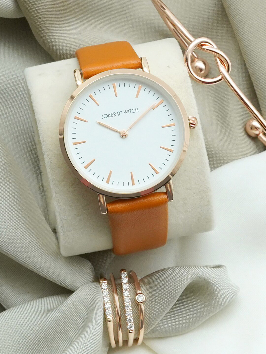 JOKER & WITCH Women White & Rose Gold-Toned Chestnut Love Triangle Watch Gift Set JWLT228