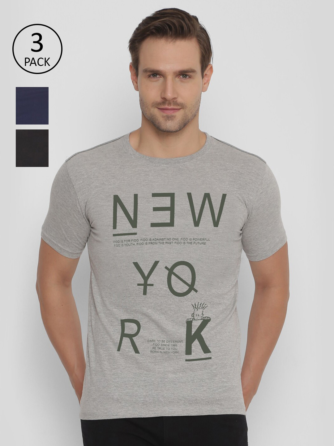 YAK YAK Men 3-Pack Grey Melange, Navy Blue & Black Typography Printed Slim Fit T-shirts