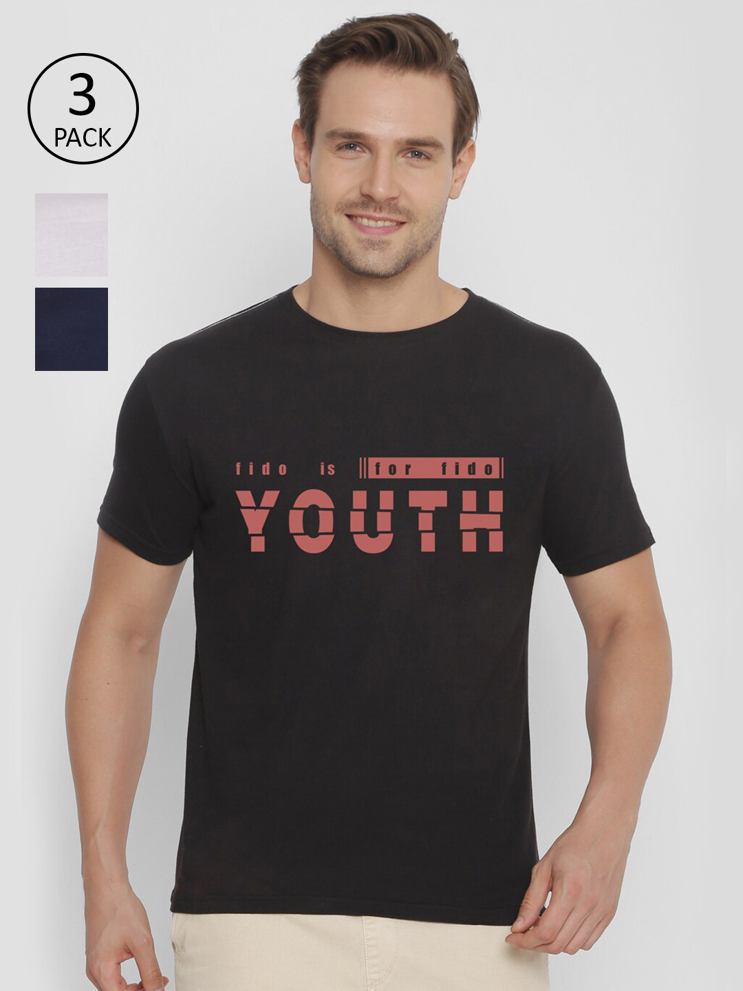 YAK YAK Men Pack of 3 Black  White Typography Printed Pure Cotton Slim Fit Pure Cotton T-shirt