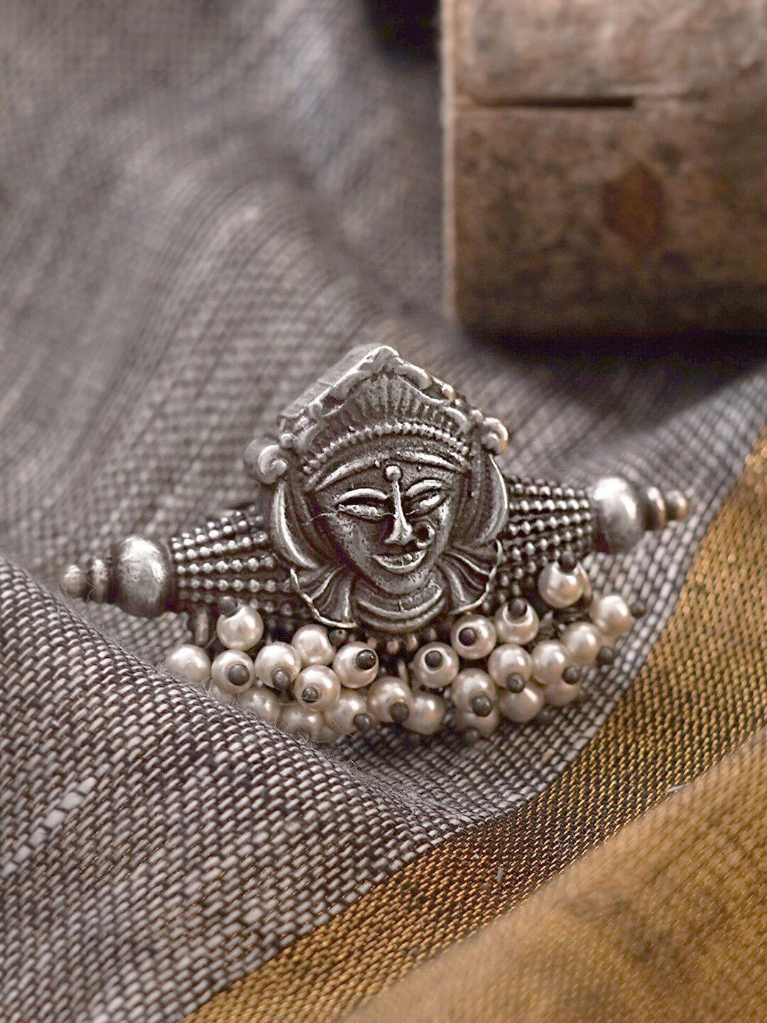 TEEJH Women Oxidized Silver-Toned & White Navika Tribal Finger Ring