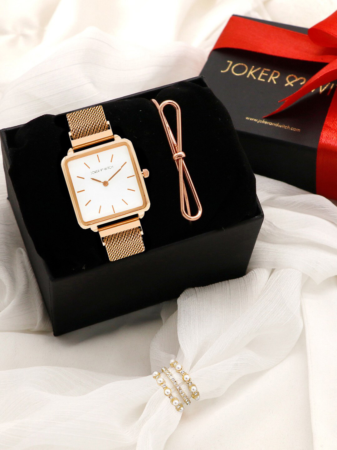 JOKER & WITCH Women White & Rose Gold-Toned Happy With You Love Triangle Watch Gift Set JWLT44