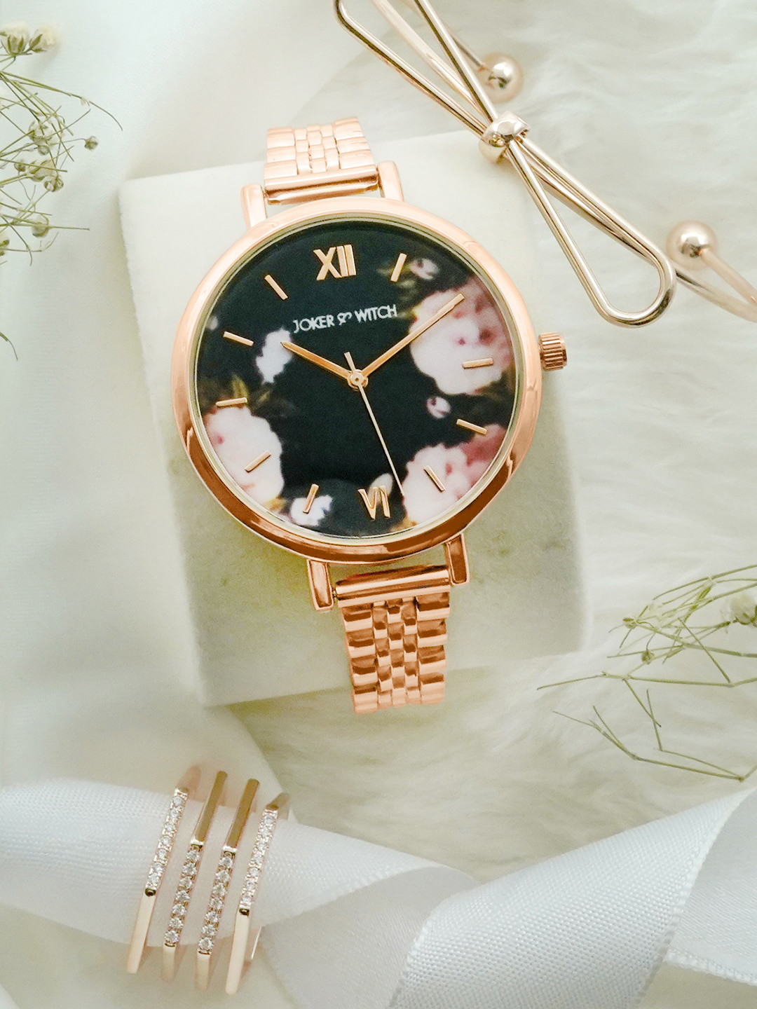 JOKER & WITCH Women Black & Rose Gold-Toned Blooming Tale Love Triangle Watch Gift Set JWLT208