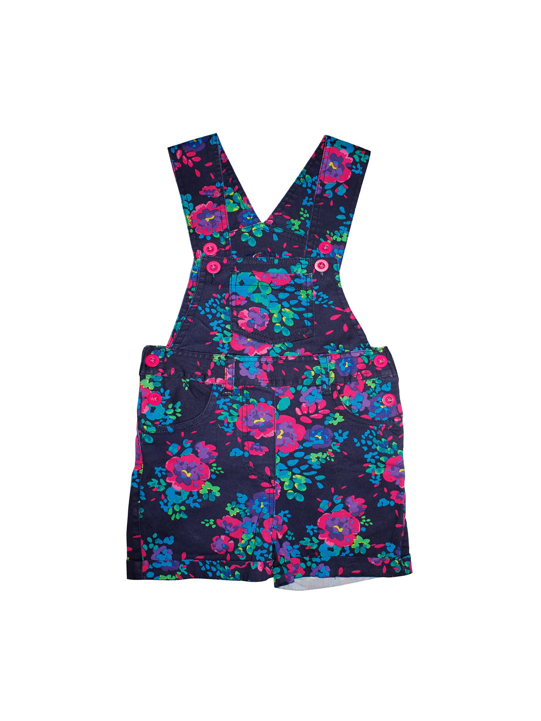 KiddoPanti Girls Navy Blue & Pink Floral Printed Denim Dungaree