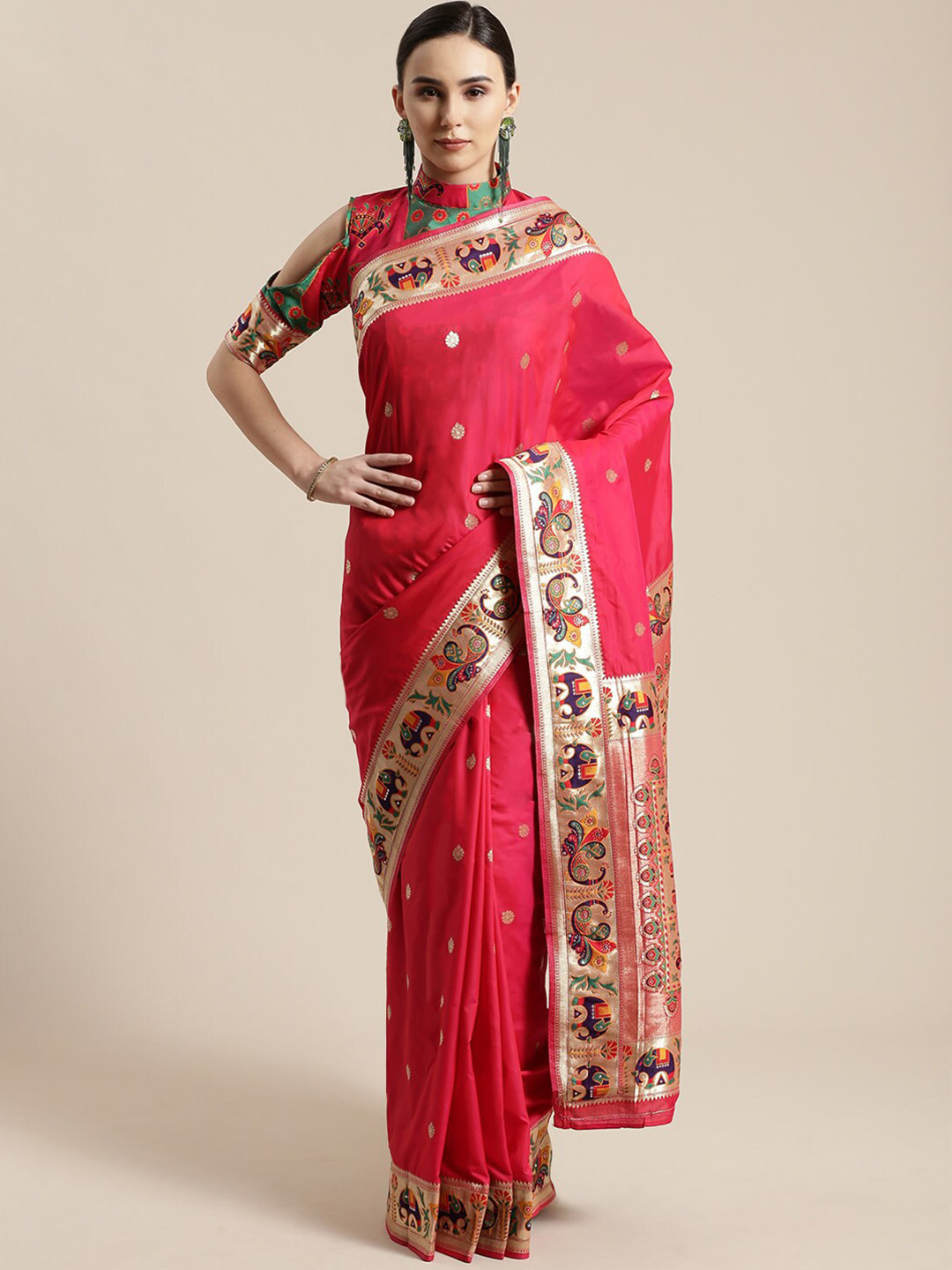 Saree mall Pink & Gold-Toned Woven Design Silk Blend Sarees