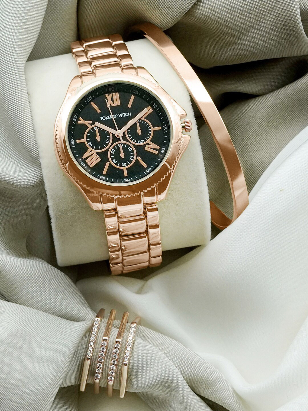 JOKER & WITCH Women Rose Gold-Toned & Black Amber Light Love Triangle Watch Gift Set JWLT195