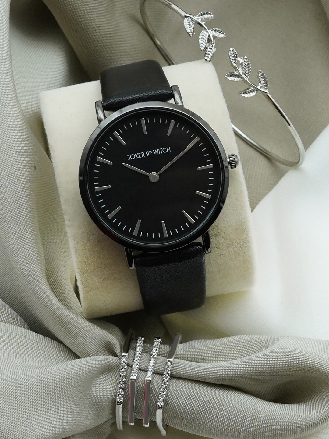 JOKER & WITCH Women Black & Silver-Toned Archangel Love Triangle Watch Gift Set-JWLT223