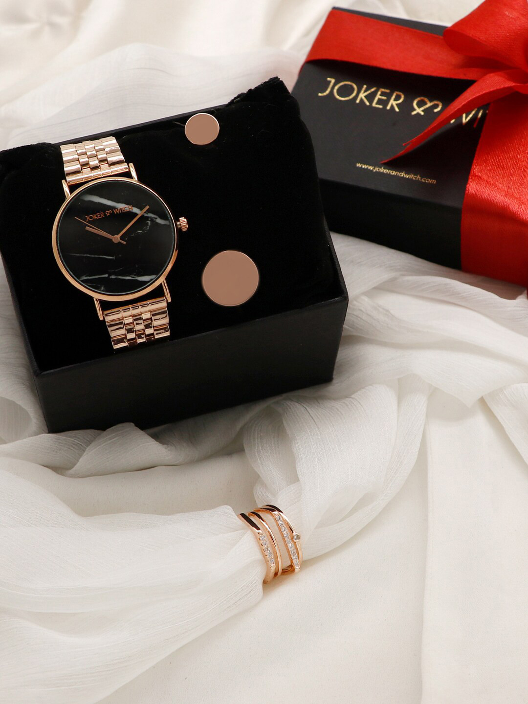 JOKER & WITCH Women Black & Gold-Toned First Love Triangle Watch Gift Set JWLT3