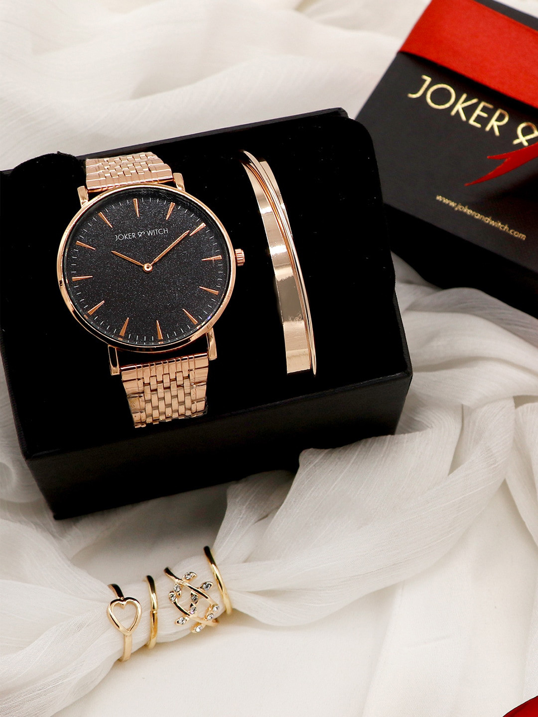 JOKER & WITCH Women Black & Rose Gold-Toned Paris Love Triangle Watch Gift Set JWLT17