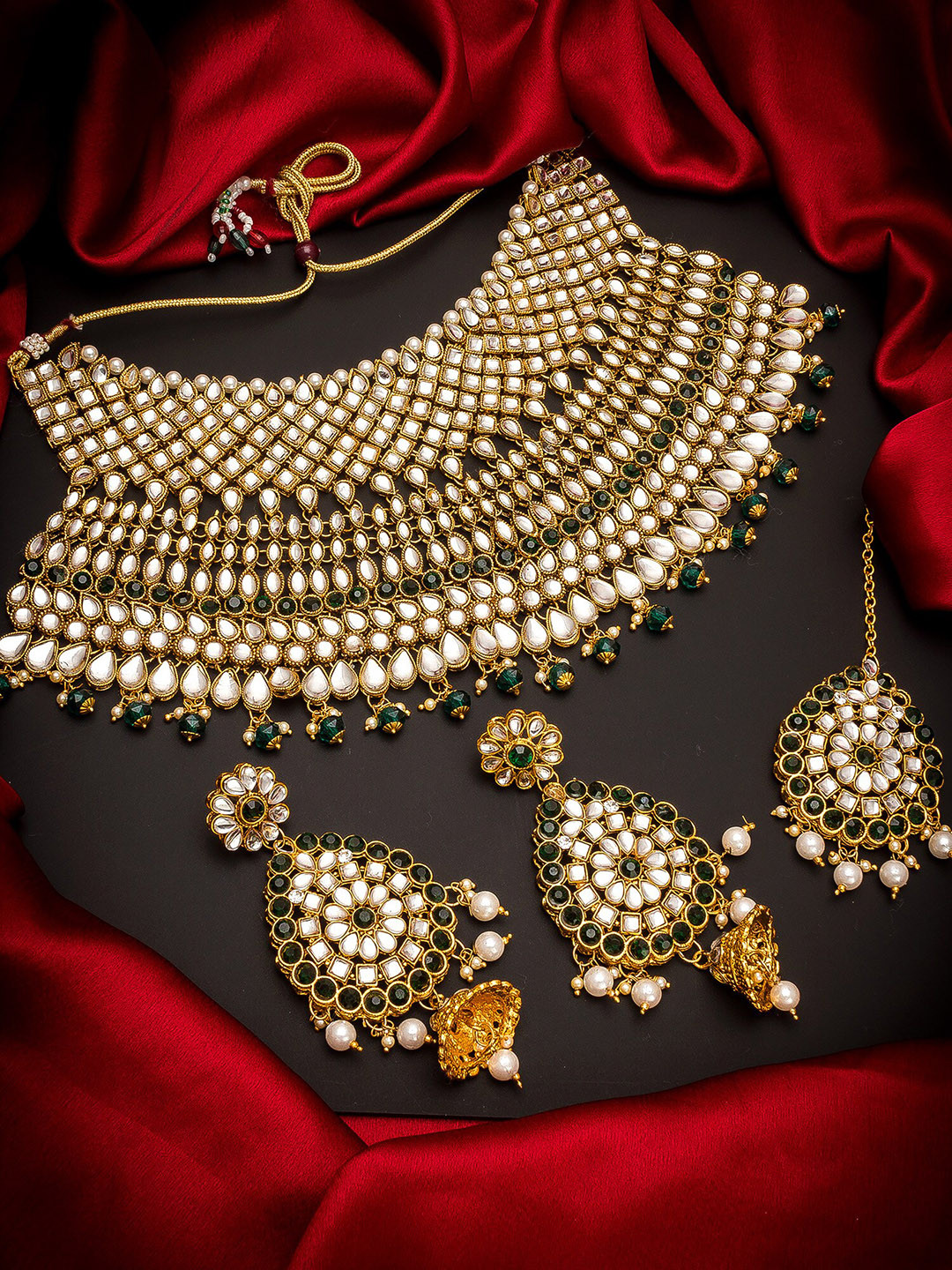 aadita Gold-Plated White & Black AD-Studded & Beaded Choker Jewellery Set