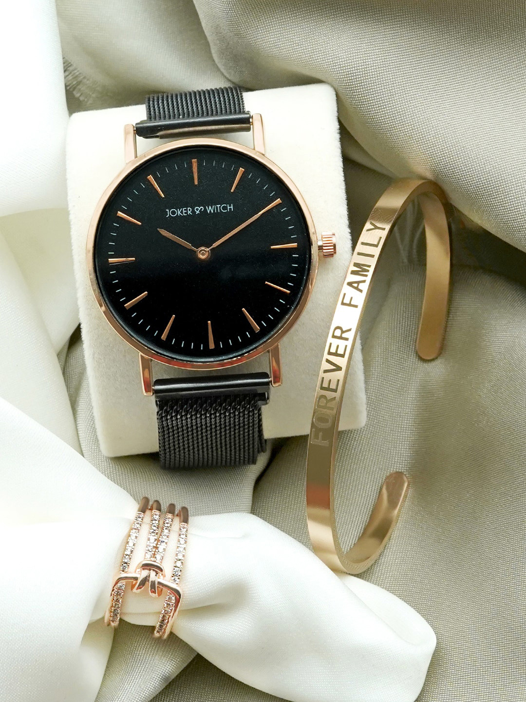 JOKER & WITCH Women Black Gold-Toned Cherry Cola Love Triangle Watch Gift Set JWLT185