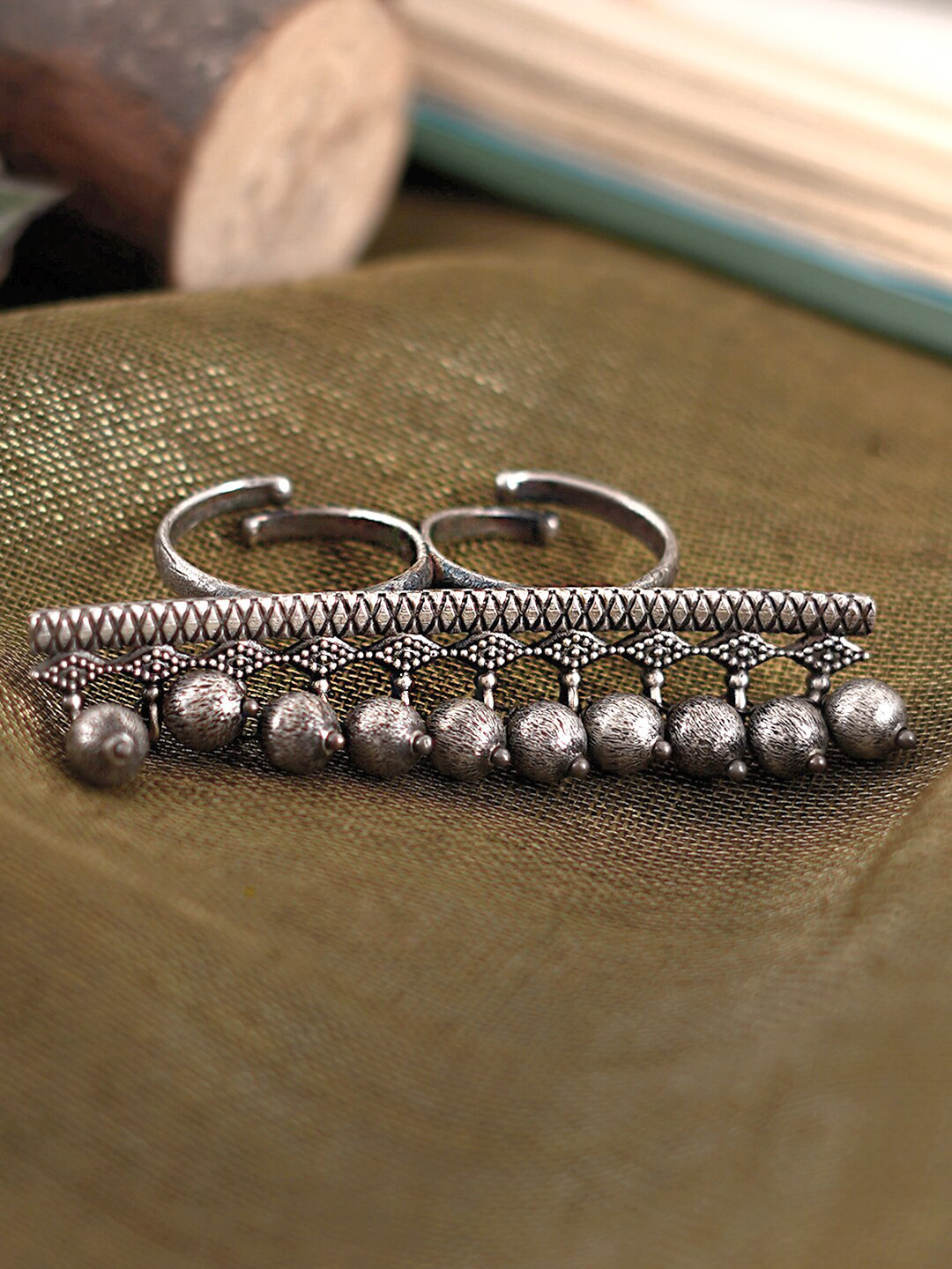 TEEJH Antique Silver-Toned Oxidised Finger Ring