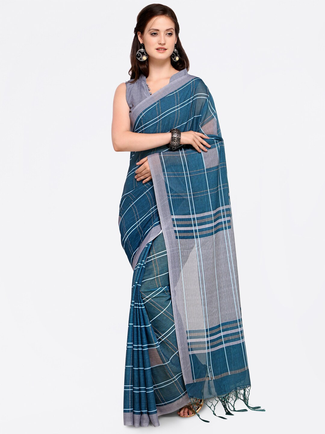 Saree mall Teal & Grey Checked Silk Blend Sarees