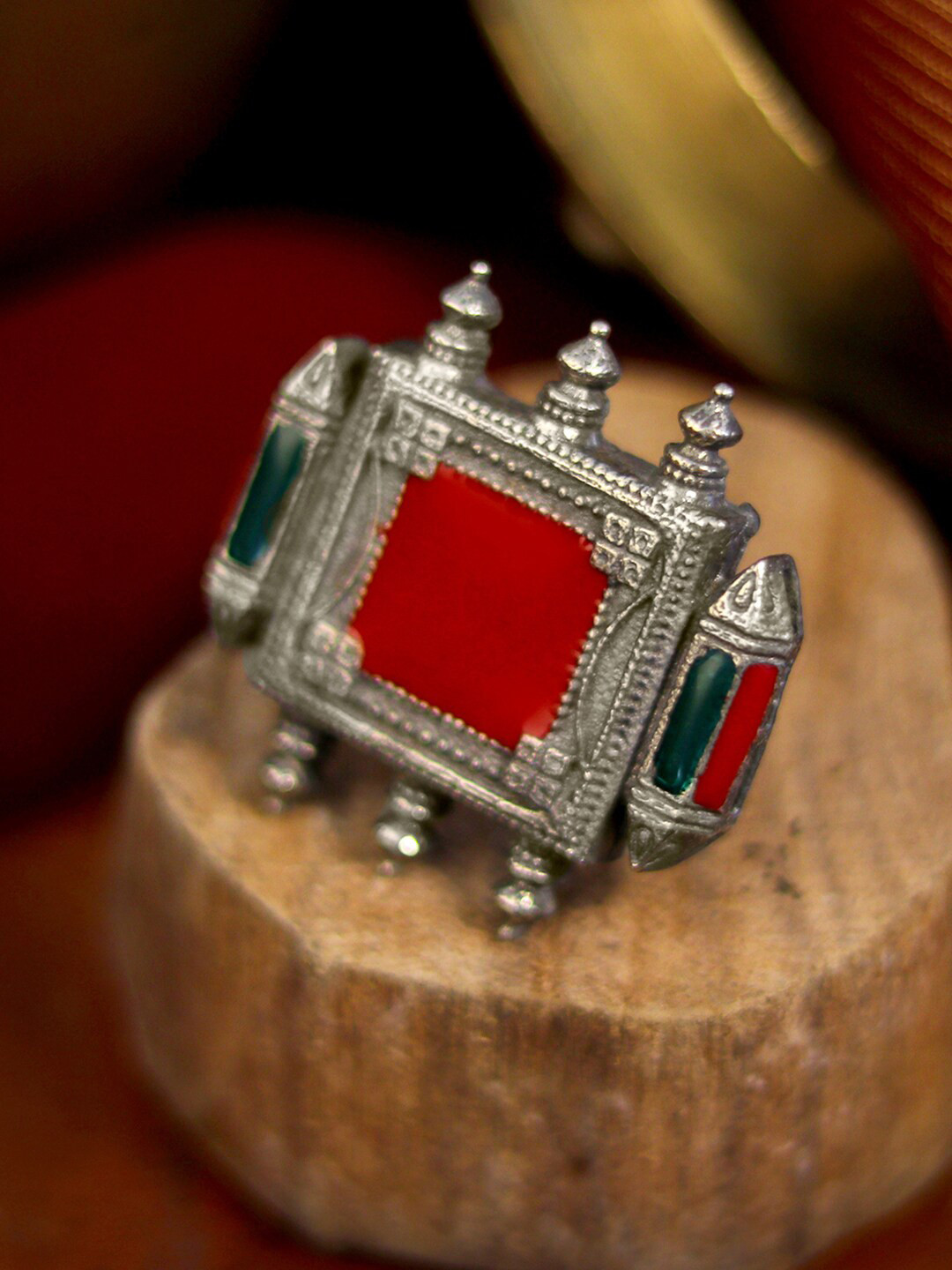 TEEJH Oxidized Silver-Toned & Red Enameled Finger Ring