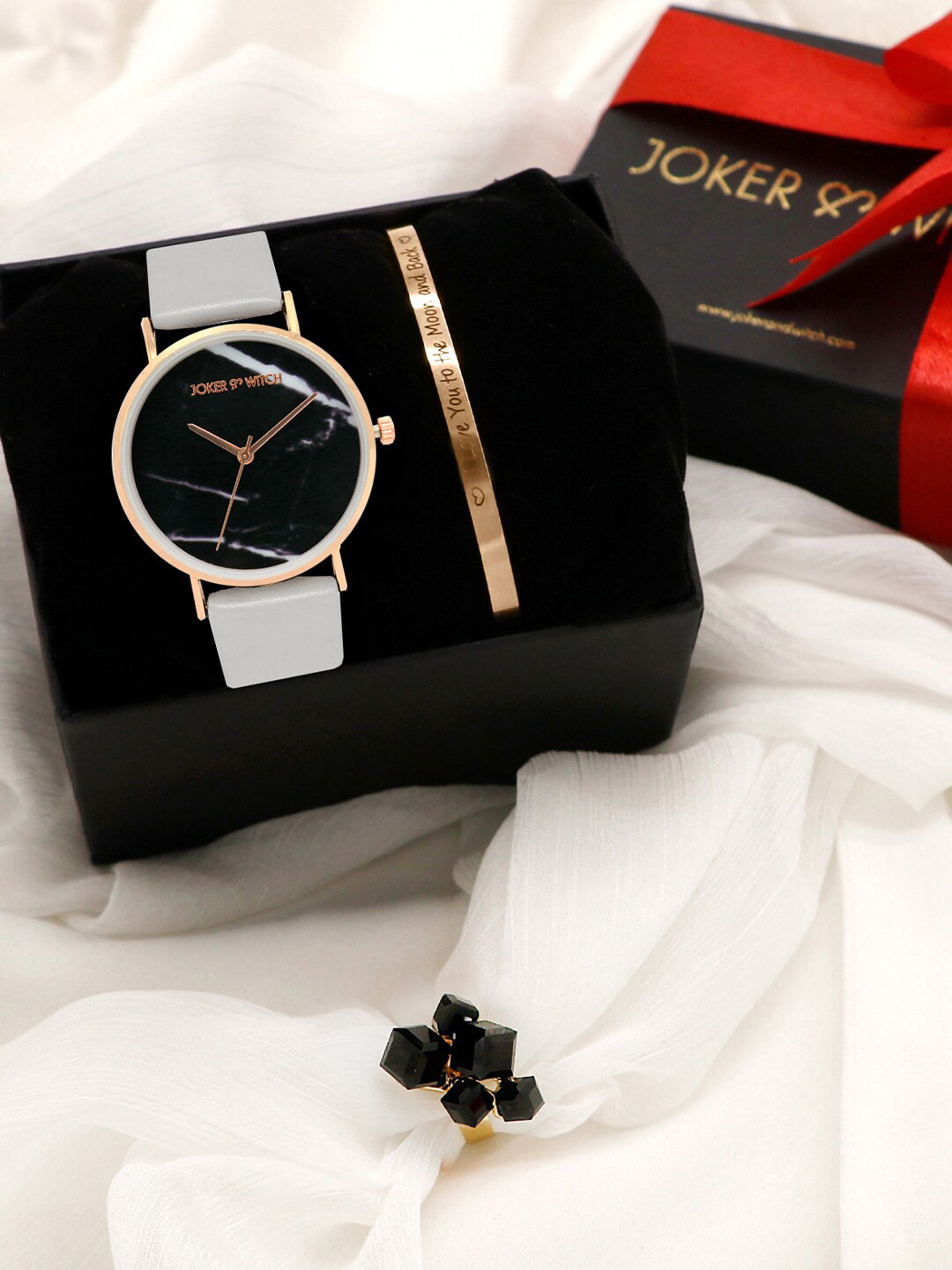 JOKER & WITCH Women Black & Rose Gold-Toned Be Kind Love Triangle Watch Gift Set JWLT50