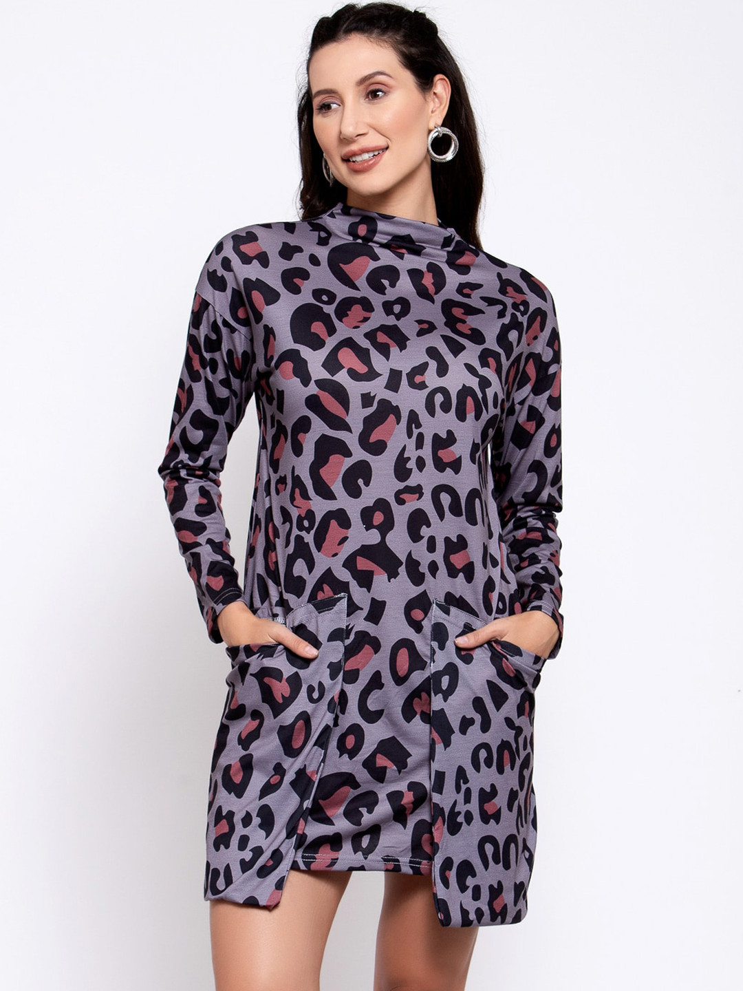 iki chic Grey Animal Leapord Printed Pocketed Bodycon Dress