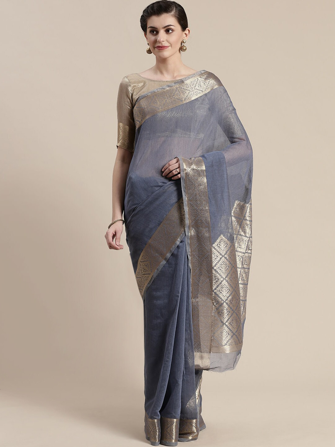Saree mall Blue & Gold-Toned Linen Blend Sarees