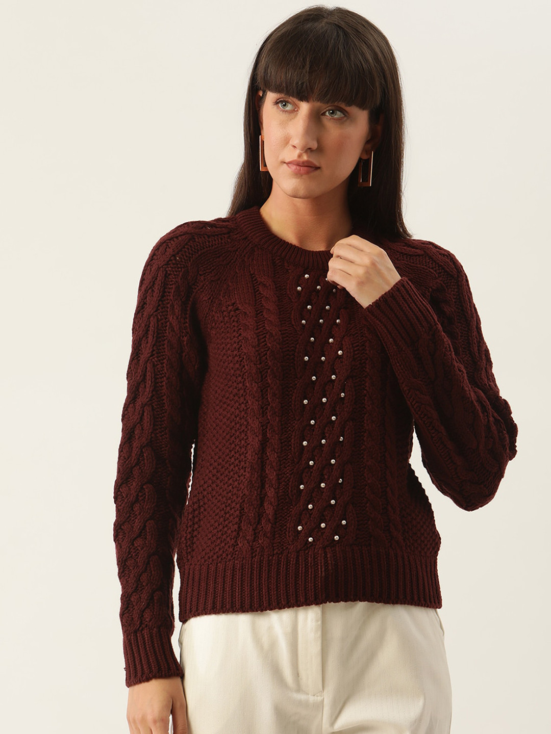 ZOELLA Women Maroon Cable Knit Sweater