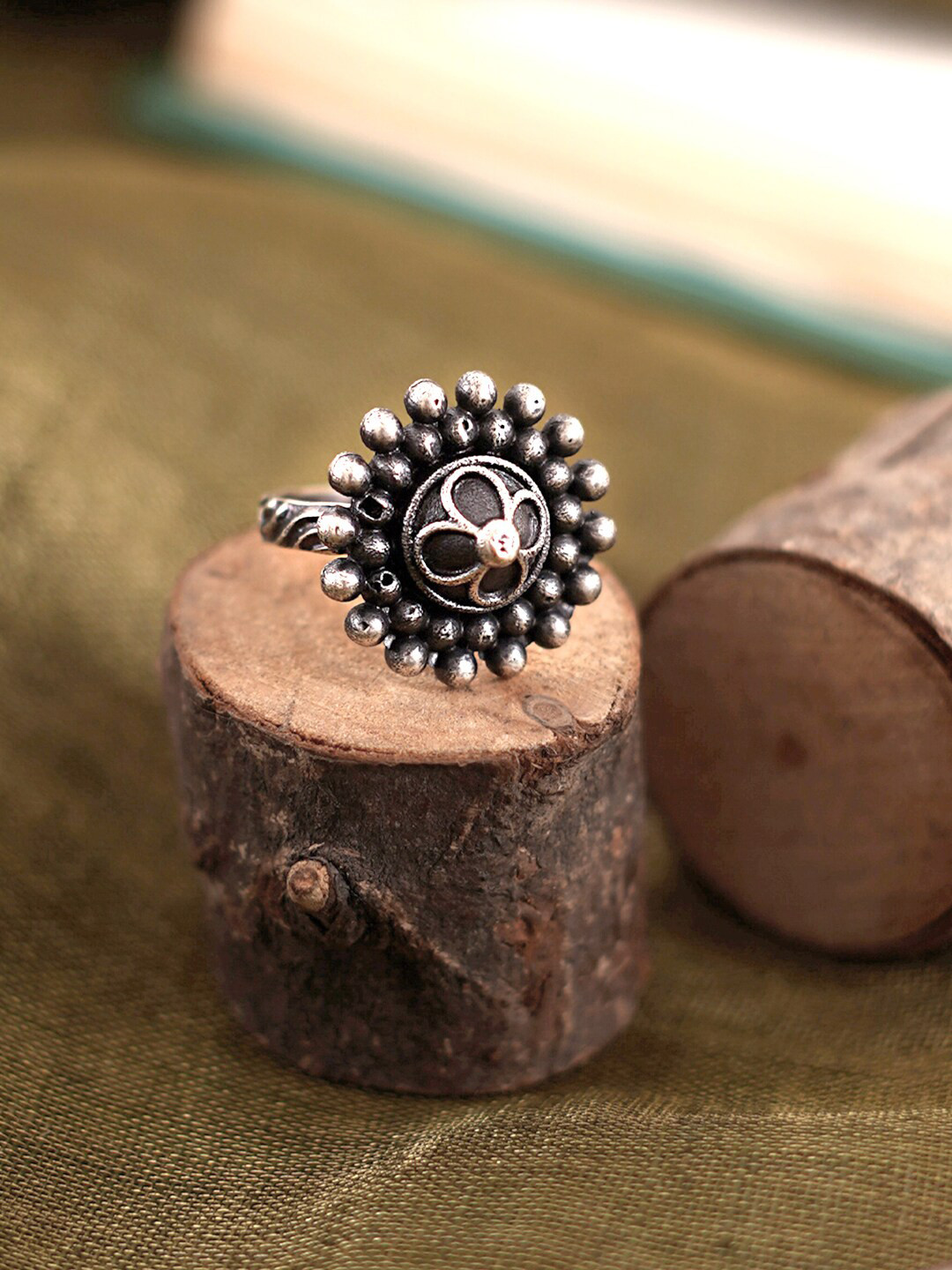 TEEJH Oxidized Silver-Toned Oxidised Finger Antique Pearl Ring