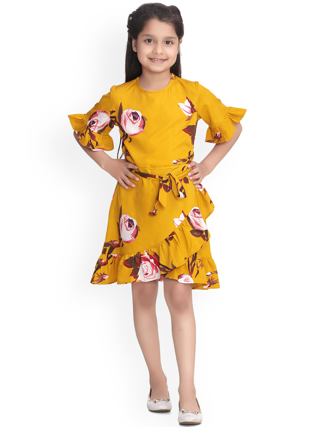 StyleStone Girls Mustard Yellow & Pink Floral Printed Crepe Ruffled Fit & Flare Dress