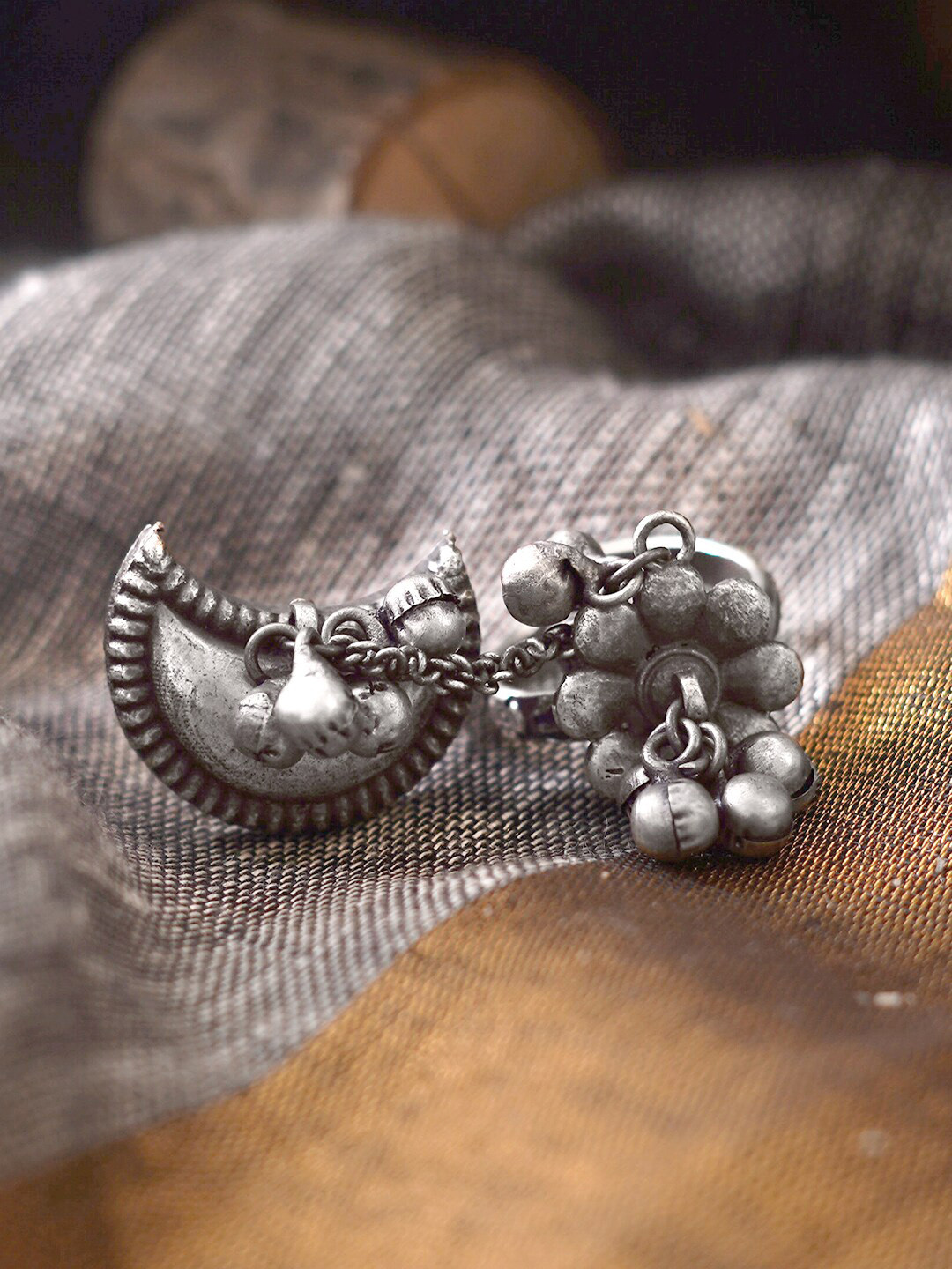 TEEJH  Silver-Toned Oxidised Chaithra Antique Adjustable Double Finger Ring