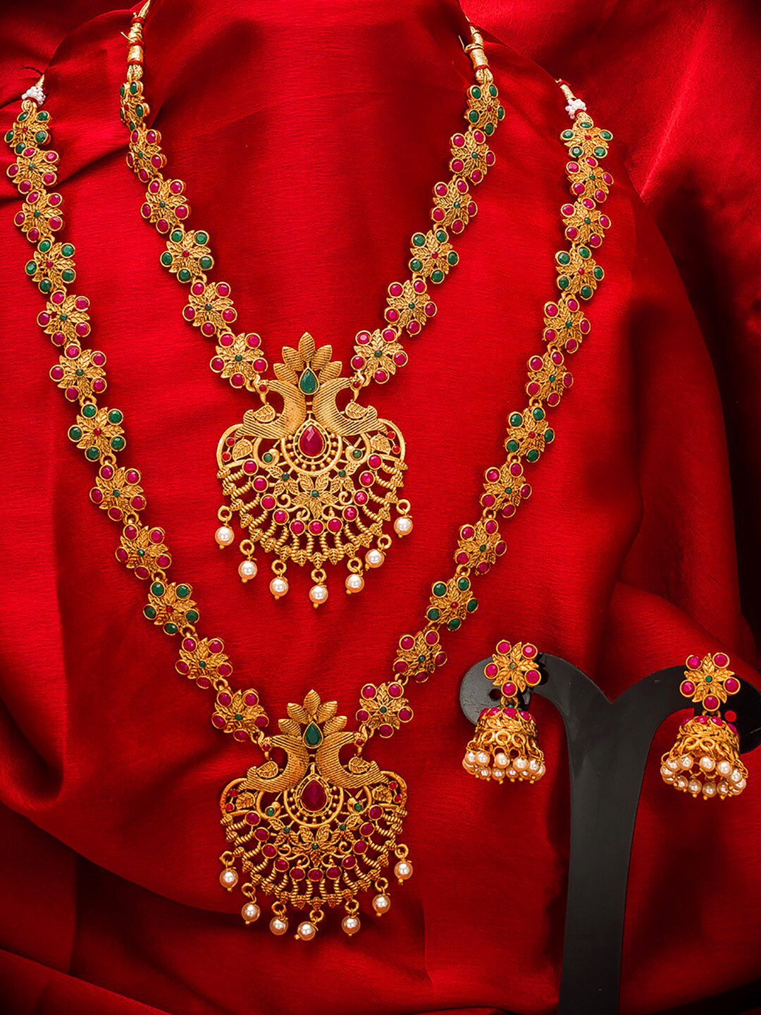 Aadita Gold-Plated Pink-Green Stone-Studded Pearl Beaded Matinee Temple Jewelry Set