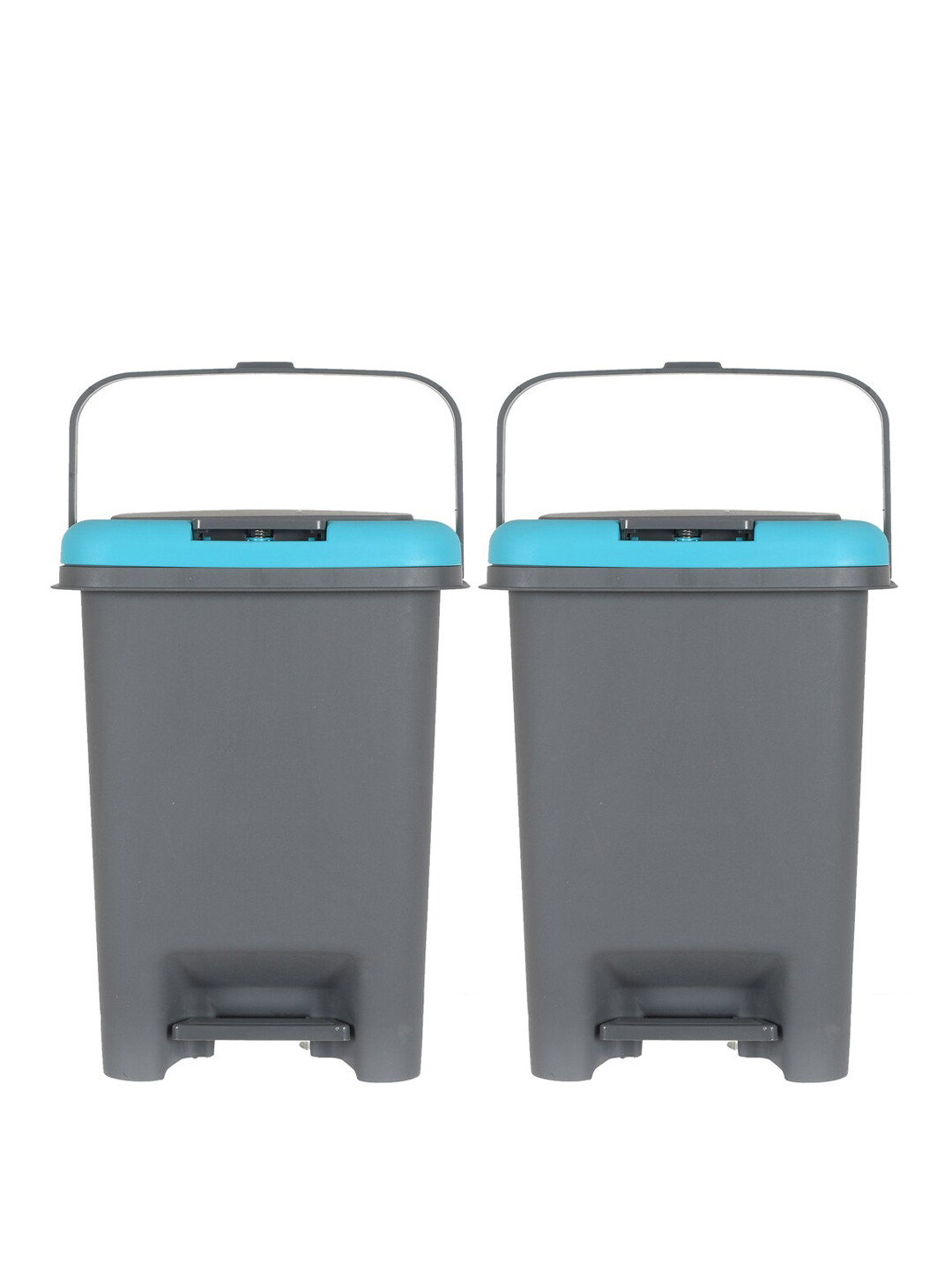 Kuber Industries Set Of 2 Grey & Blue Solid Plastic Push And Pedal Dustbin With Lid & Handle