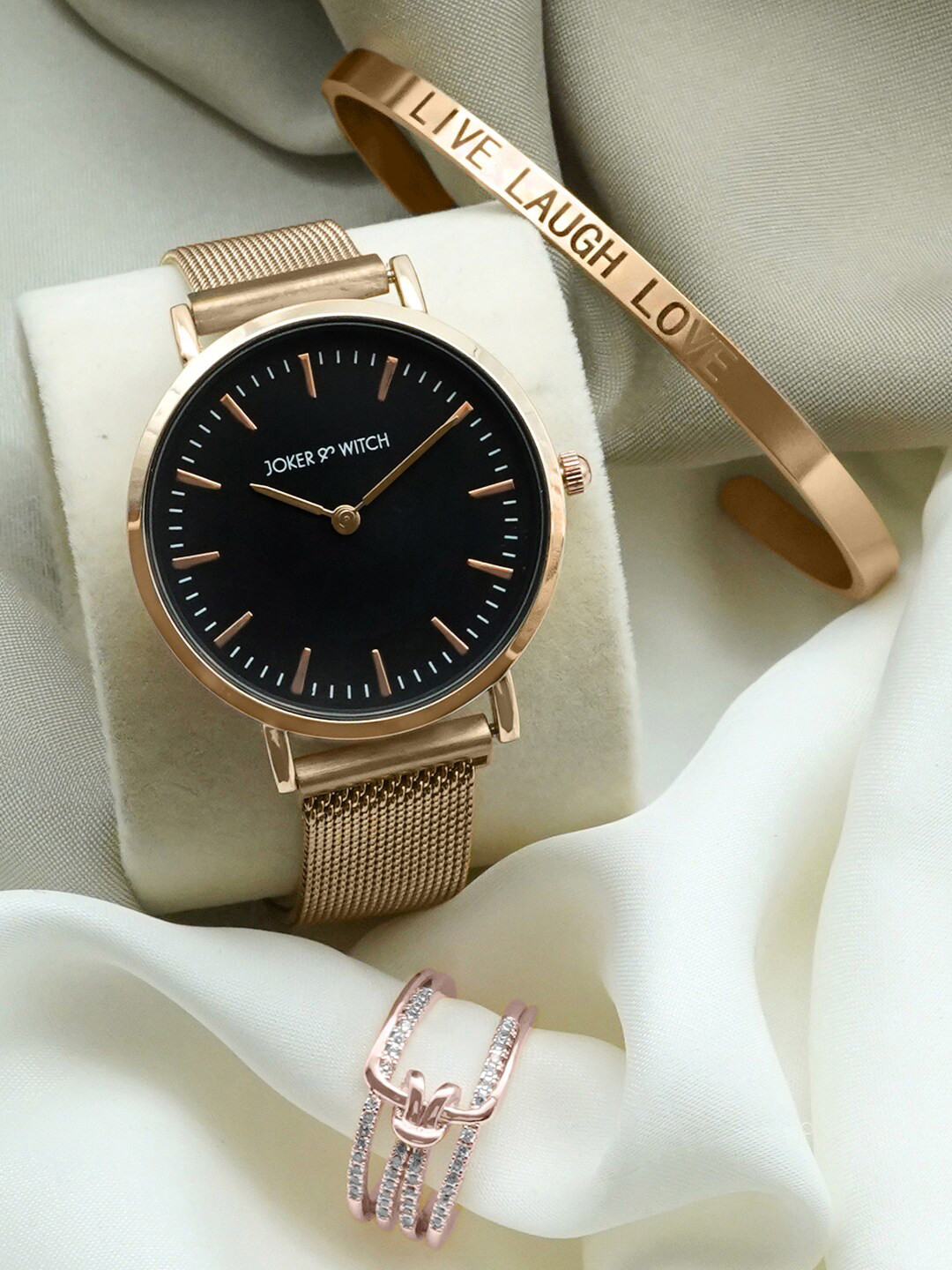 JOKER & WITCH Women Rose Gold-Toned & Black Brun Love Triangle Watch Gift Set JWLT214