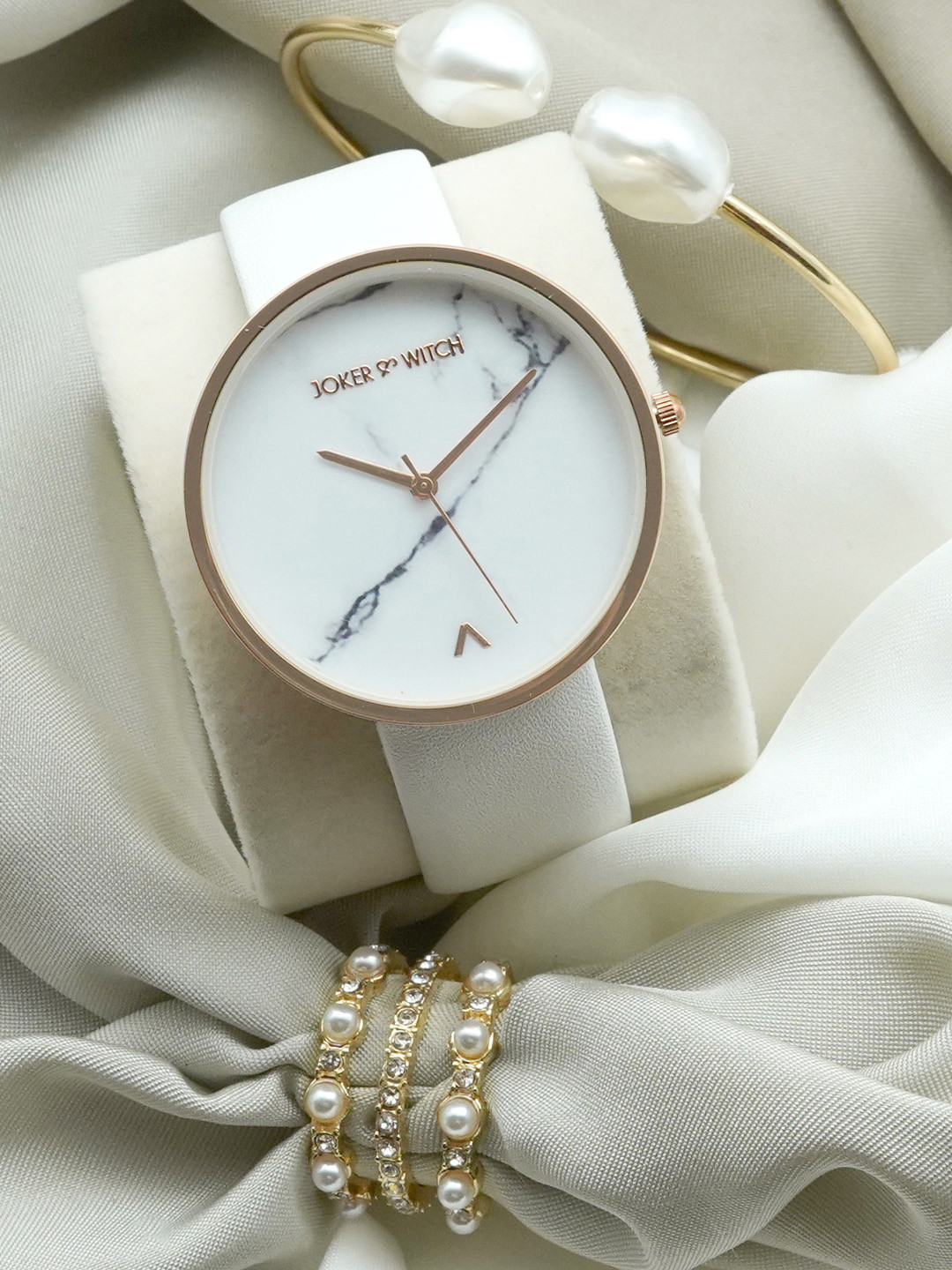 JOKER & WITCH Women White & Gold-Toned Snow Candy Love Triangle Watch Bracelet & Finger Ring Gift Set JWLT227